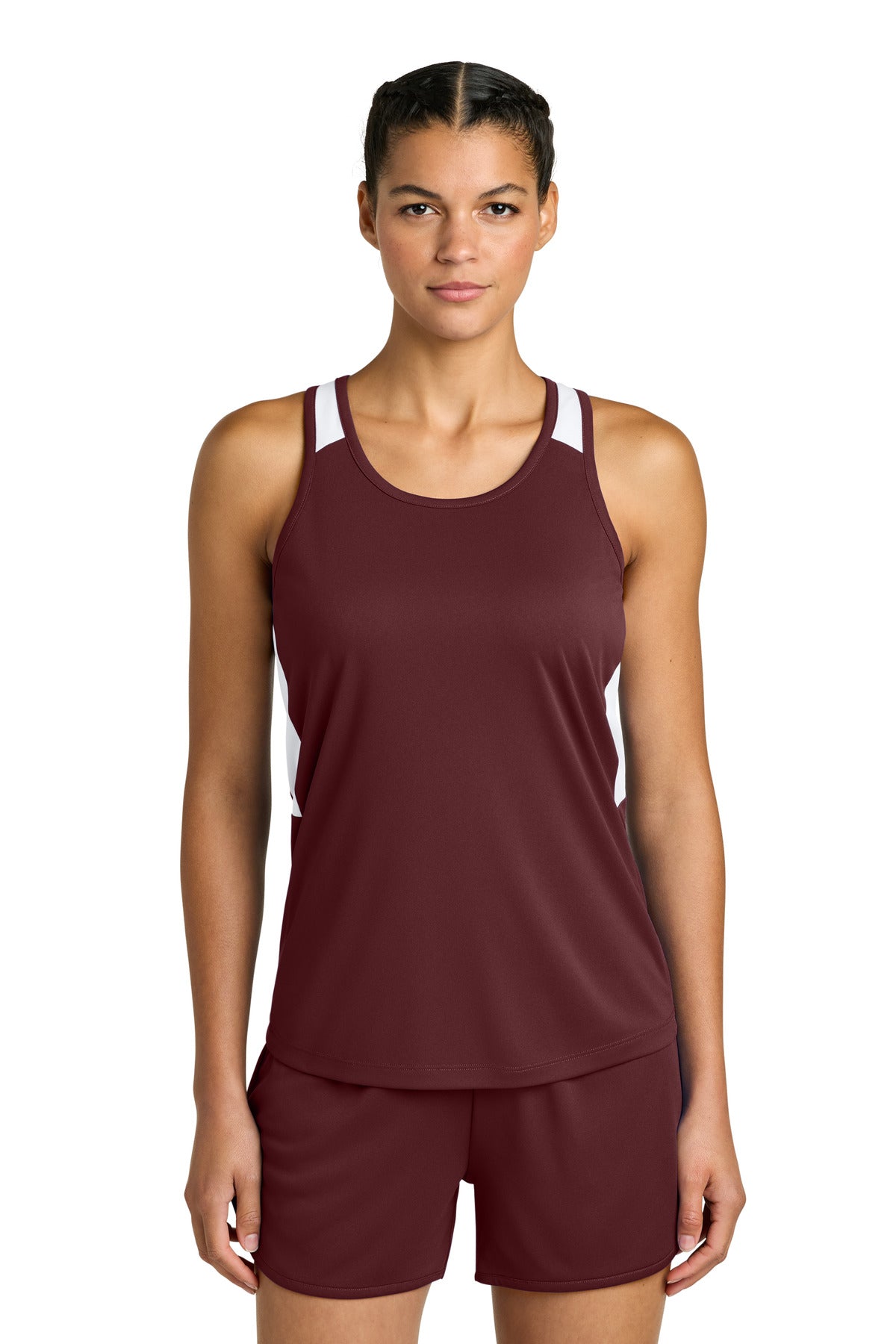 Sport-Tek Women's Club Track Tank LST446 in Maroon/ White