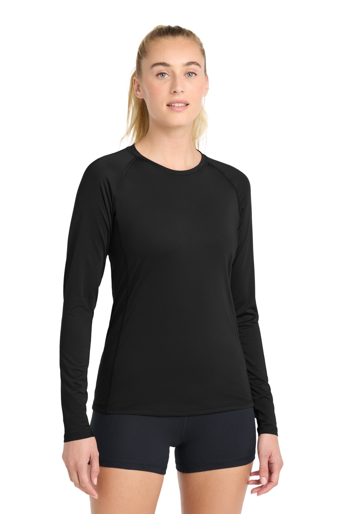 Sport-Tek  Women's Long Sleeve Rashguard Tee. LST470LS in Black