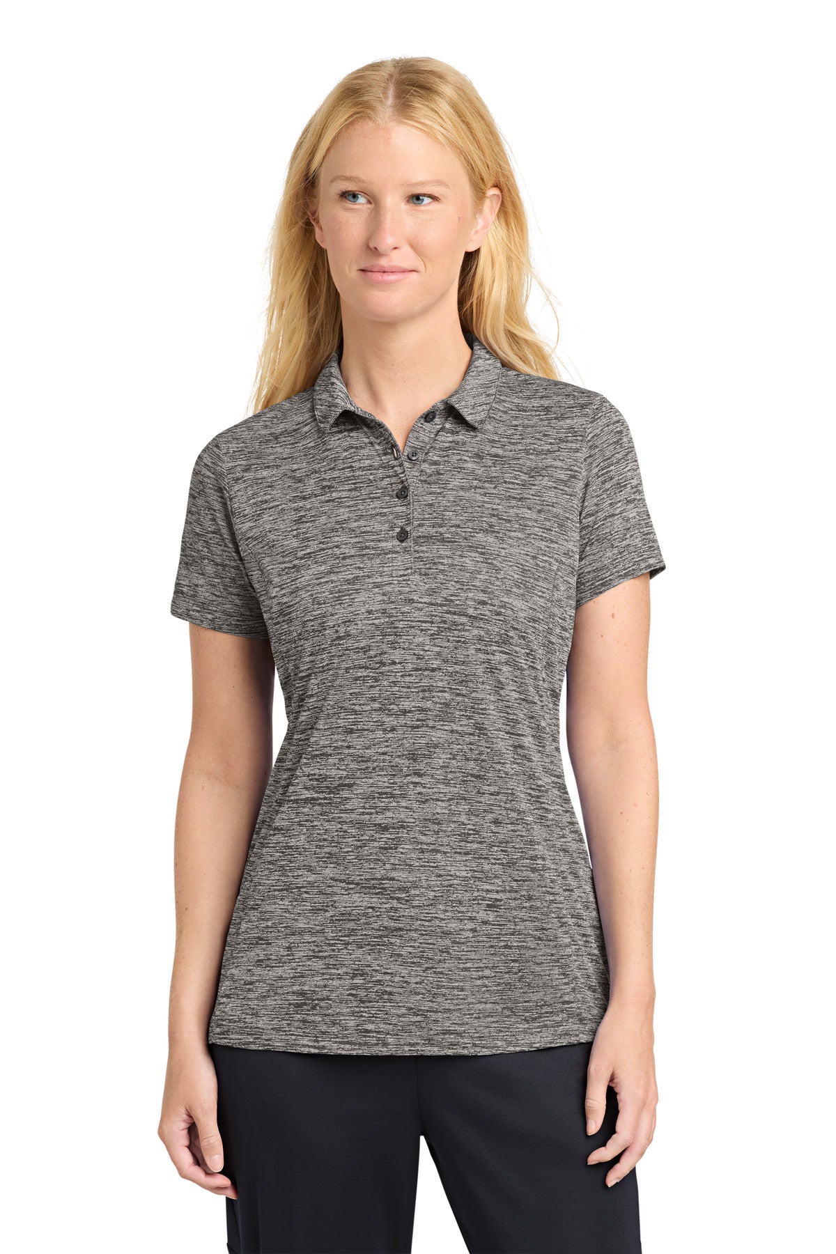 Sport-Tek  Women's PosiCharge  Electric Heather Polo. LST590 in Black Electric