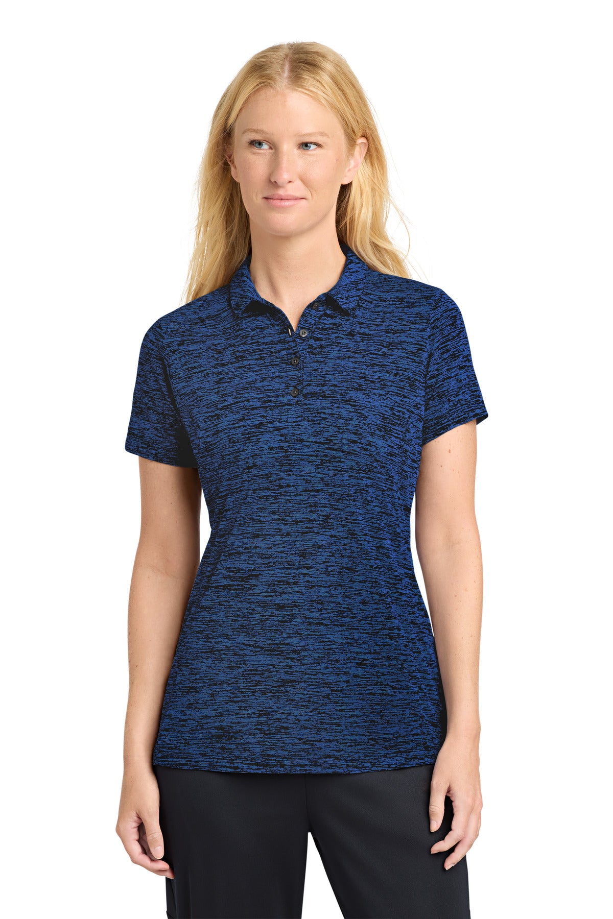Sport-Tek  Women's PosiCharge  Electric Heather Polo. LST590 in Dark Royal-Black Electric