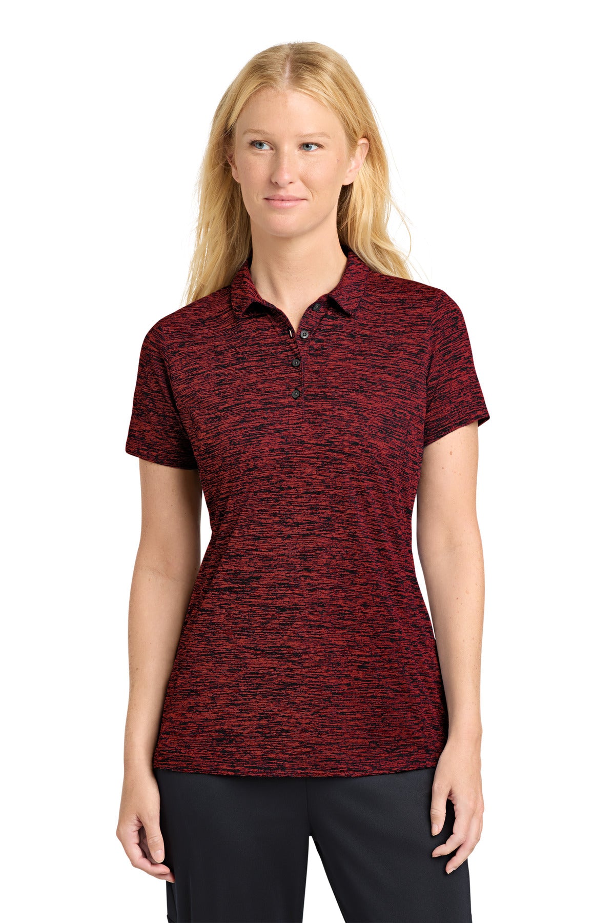 Sport-Tek  Women's PosiCharge  Electric Heather Polo. LST590 in Deep Red/ Black Electric