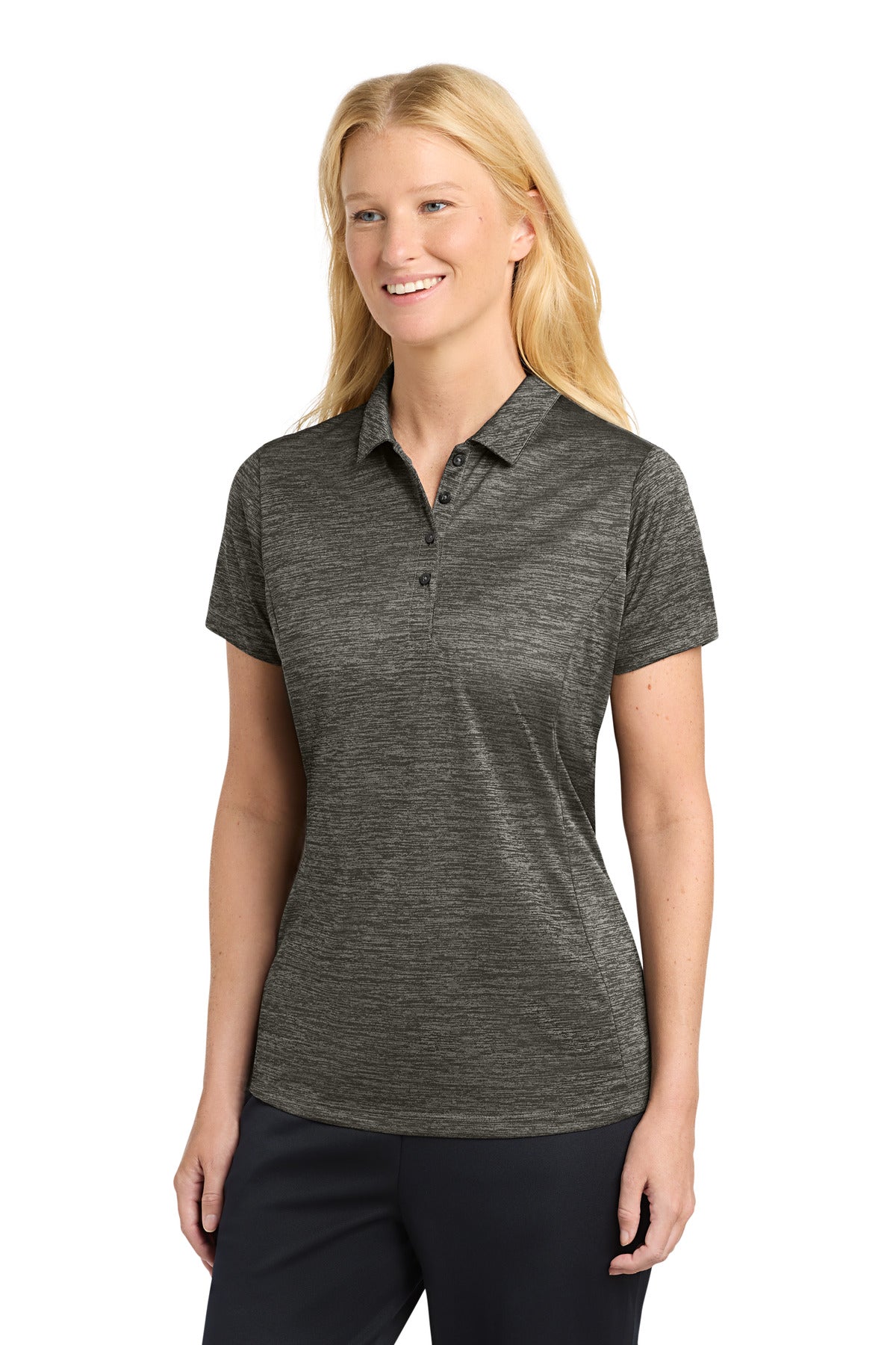 Sport-Tek  Women's PosiCharge  Electric Heather Polo. LST590 in Grey-Black Electric
