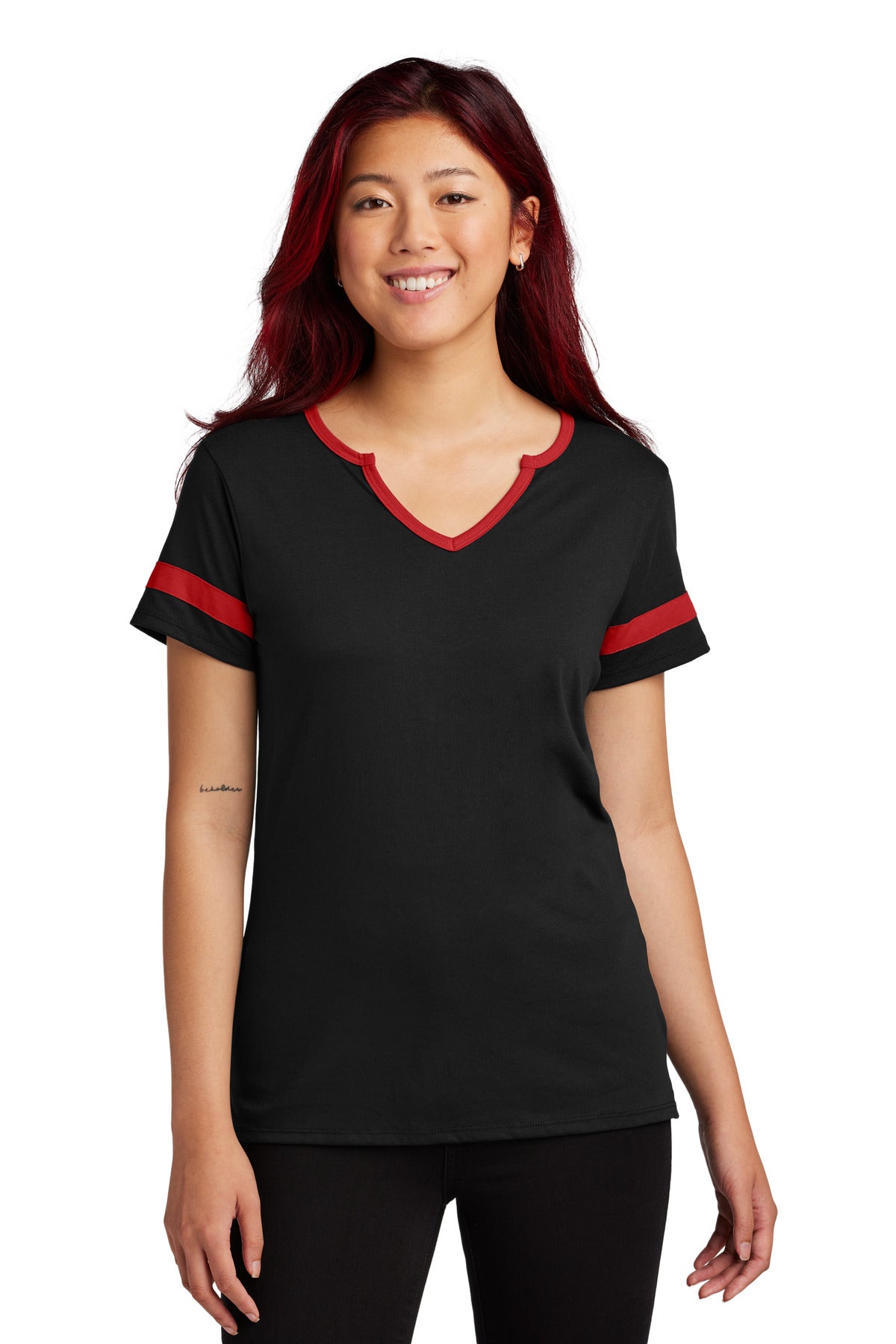 Sport-Tek Women's Halftime Notch Neck Tee LST6041 in Black/ Deep Red
