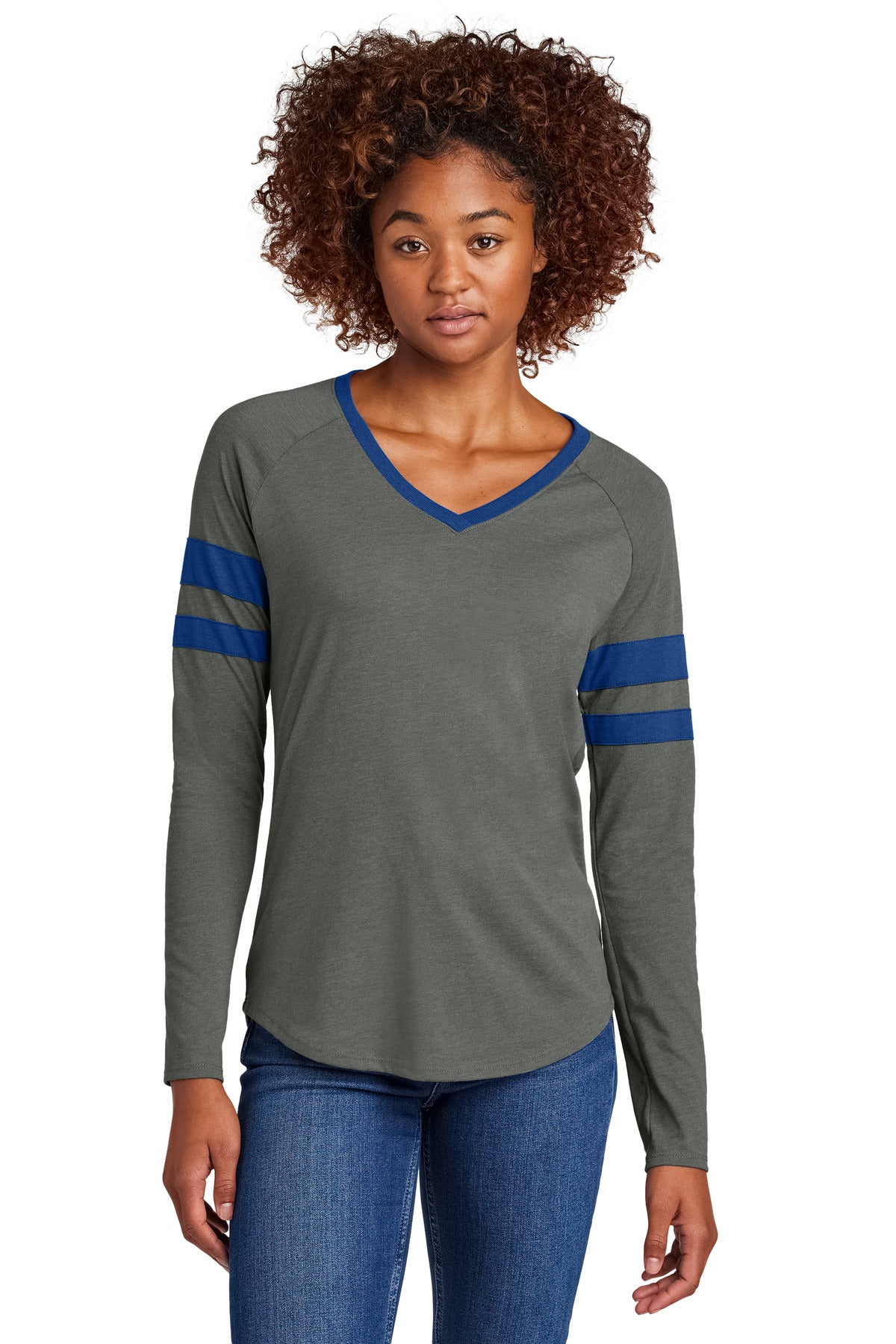 Sport-Tek Women's Halftime Stripe Long Sleeve V-Neck Tee LST6043 in True Royal/ Vintage Heather