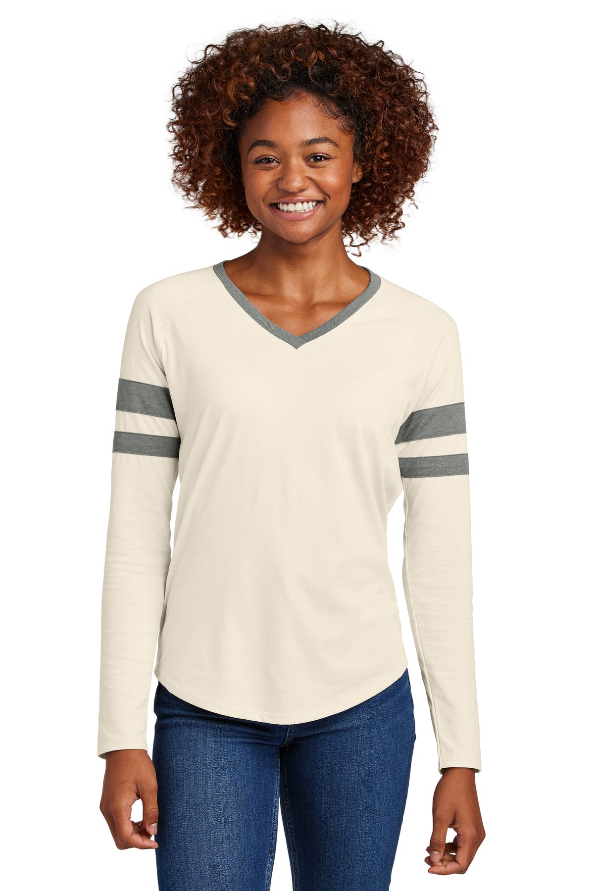 Sport-Tek Women's Halftime Stripe Long Sleeve V-Neck Tee LST6043 in Vintage Heather/ Ecru