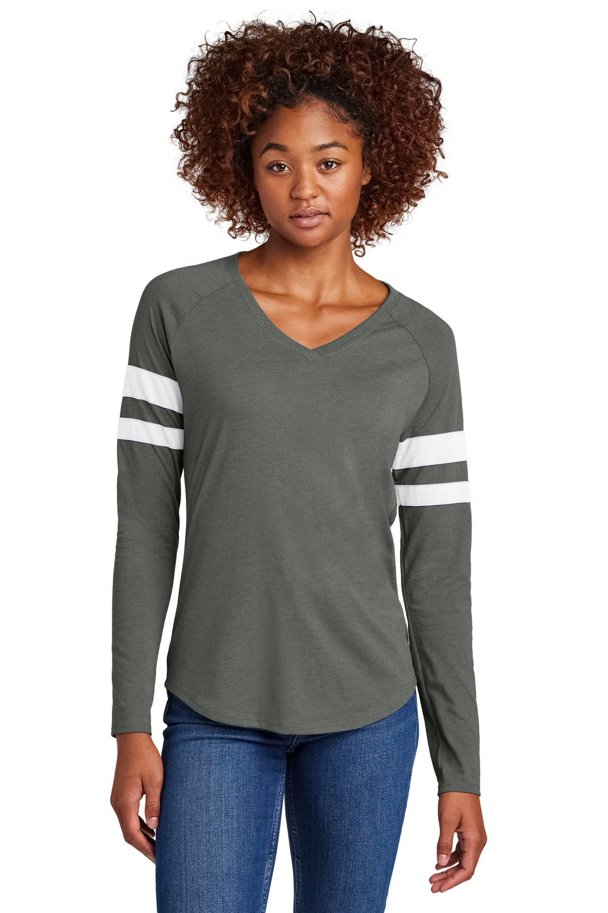 Sport-Tek Women's Halftime Stripe Long Sleeve V-Neck Tee LST6043 in White/ Vintage Heather