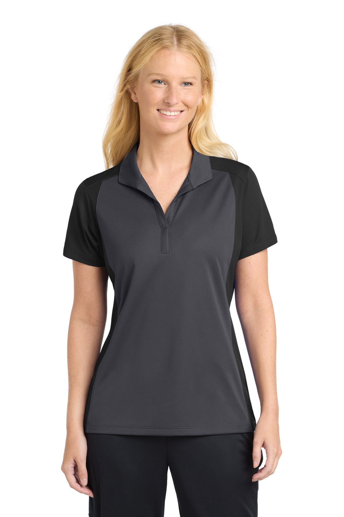 Sport-Tek Women's Colorblock Micropique Sport-Wick Polo. LST652 in Iron Grey/ Black