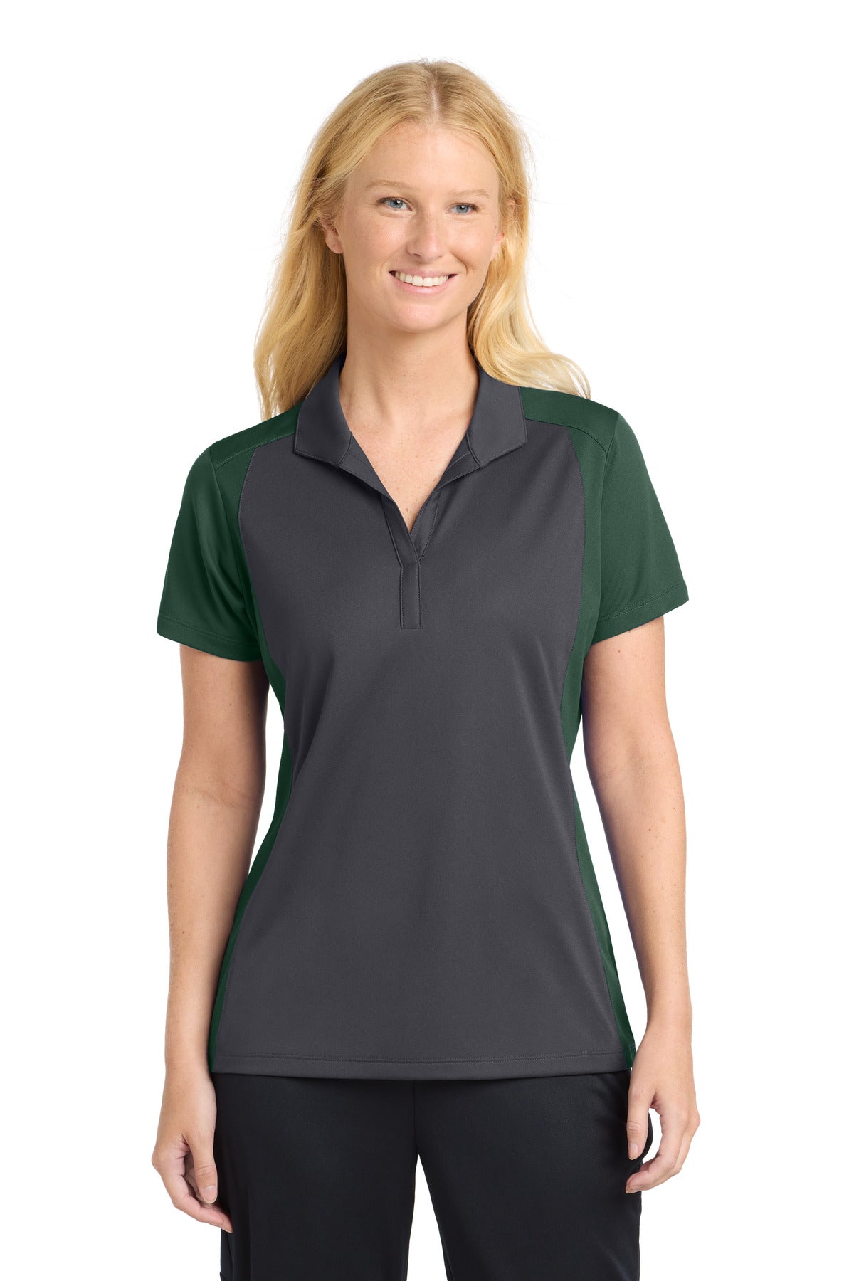 Sport-Tek Women's Colorblock Micropique Sport-Wick Polo. LST652 in Iron Grey/ Forest Green