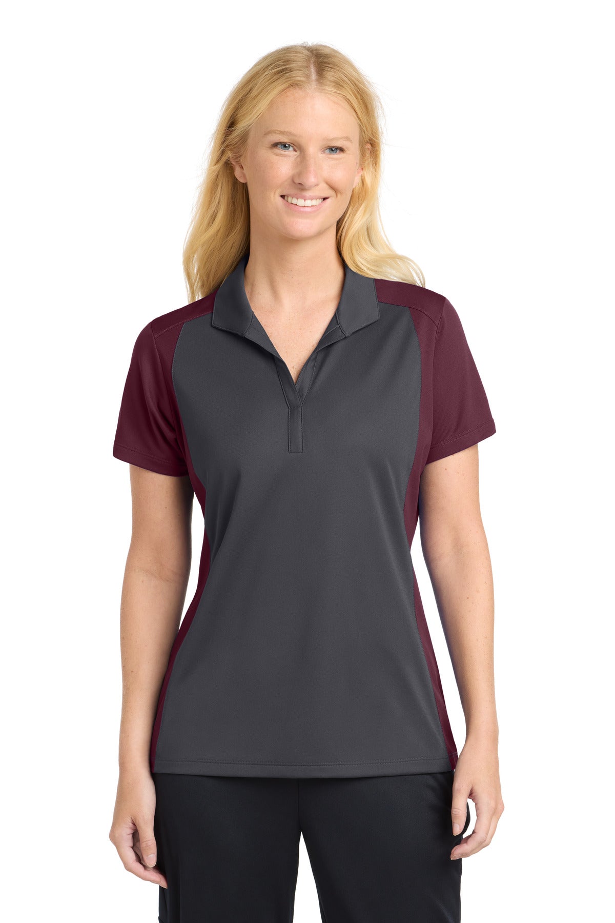 Sport-Tek Women's Colorblock Micropique Sport-Wick Polo. LST652 in Iron Grey/ Maroon