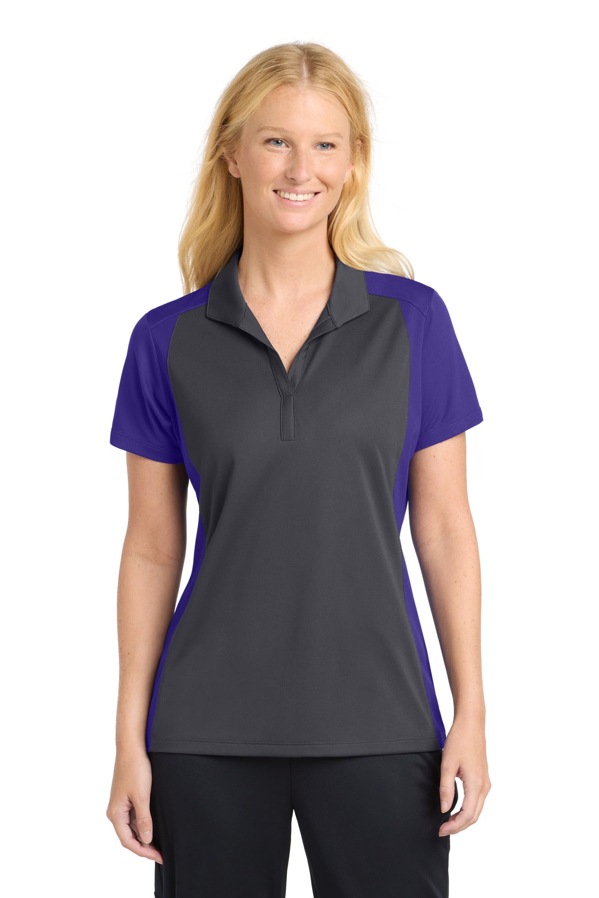 Sport-Tek Women's Colorblock Micropique Sport-Wick Polo. LST652 in Iron Grey/ Purple