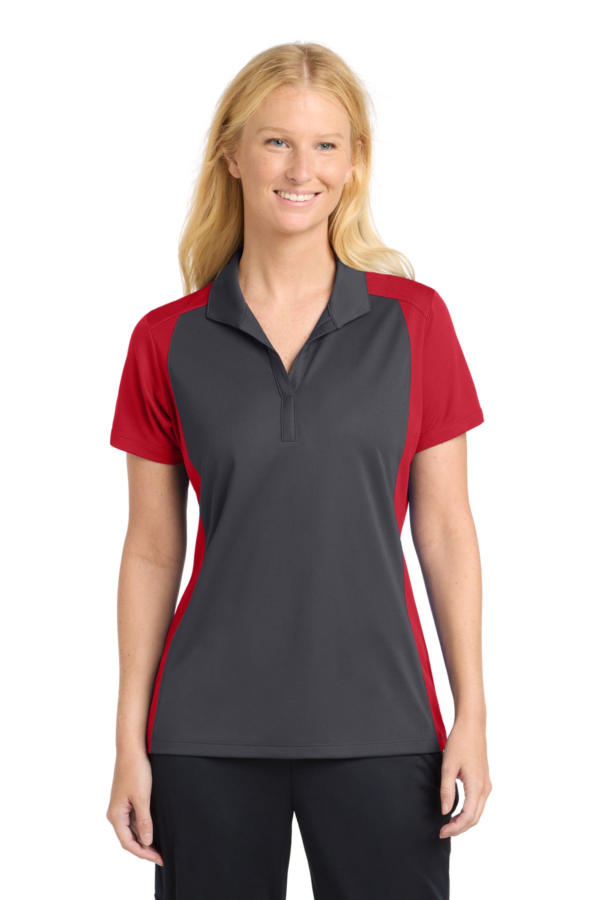 Sport-Tek Women's Colorblock Micropique Sport-Wick Polo. LST652 in Iron Grey/ True Red