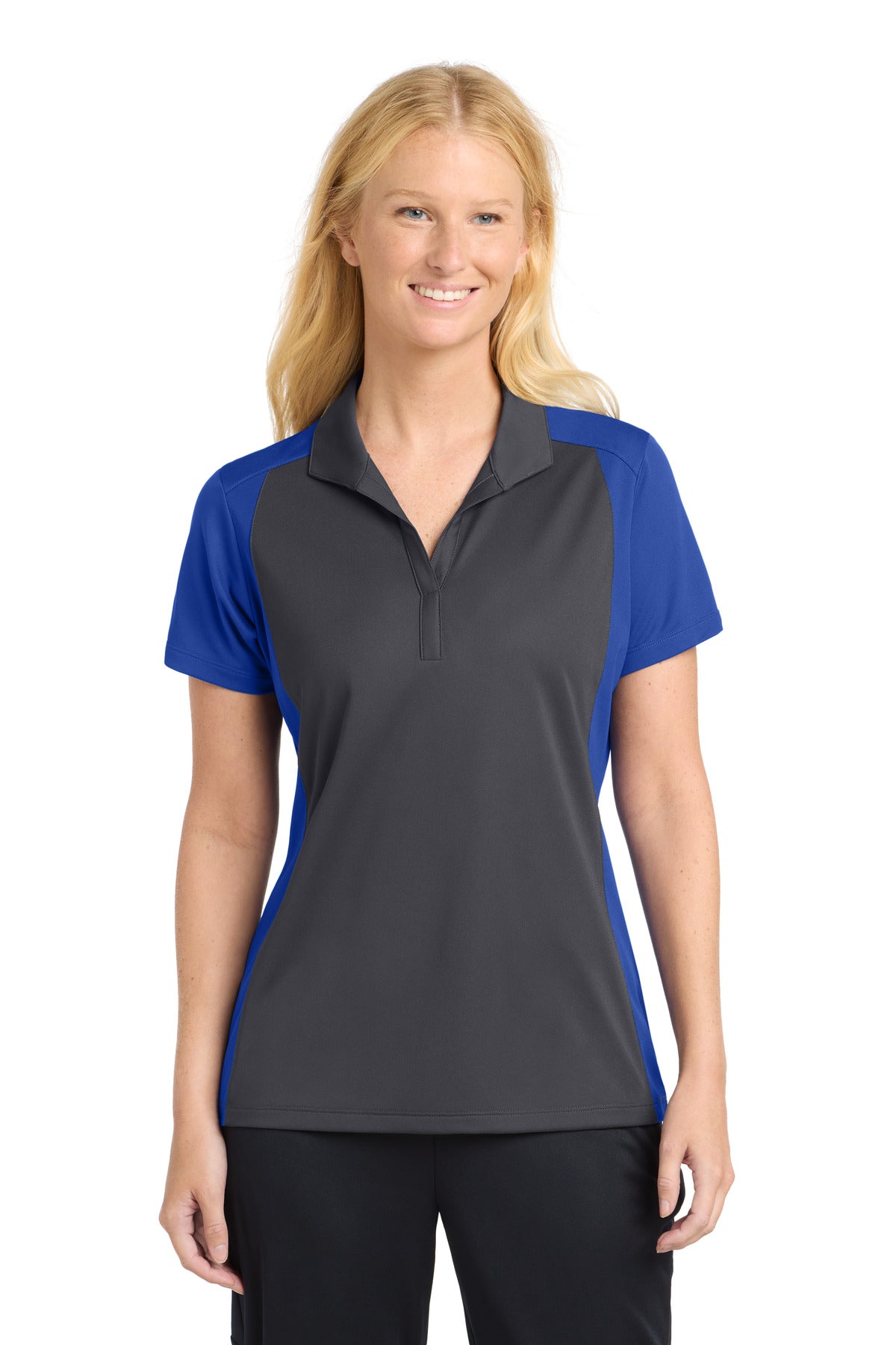 Sport-Tek Women's Colorblock Micropique Sport-Wick Polo. LST652 in Iron Grey/ True Royal