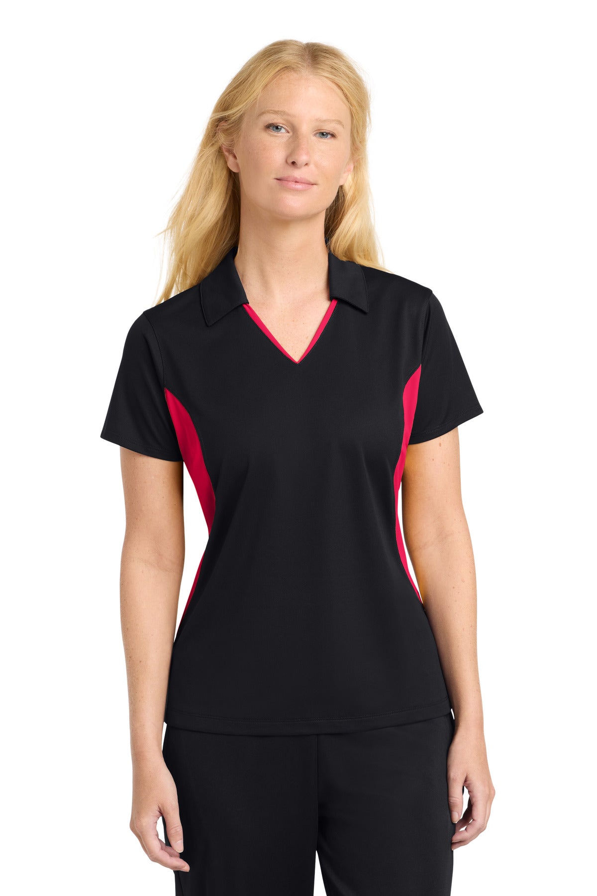 Sport-Tek Women's Side Blocked Micropique Sport-Wick Polo. LST655 in Black/ Deep Red
