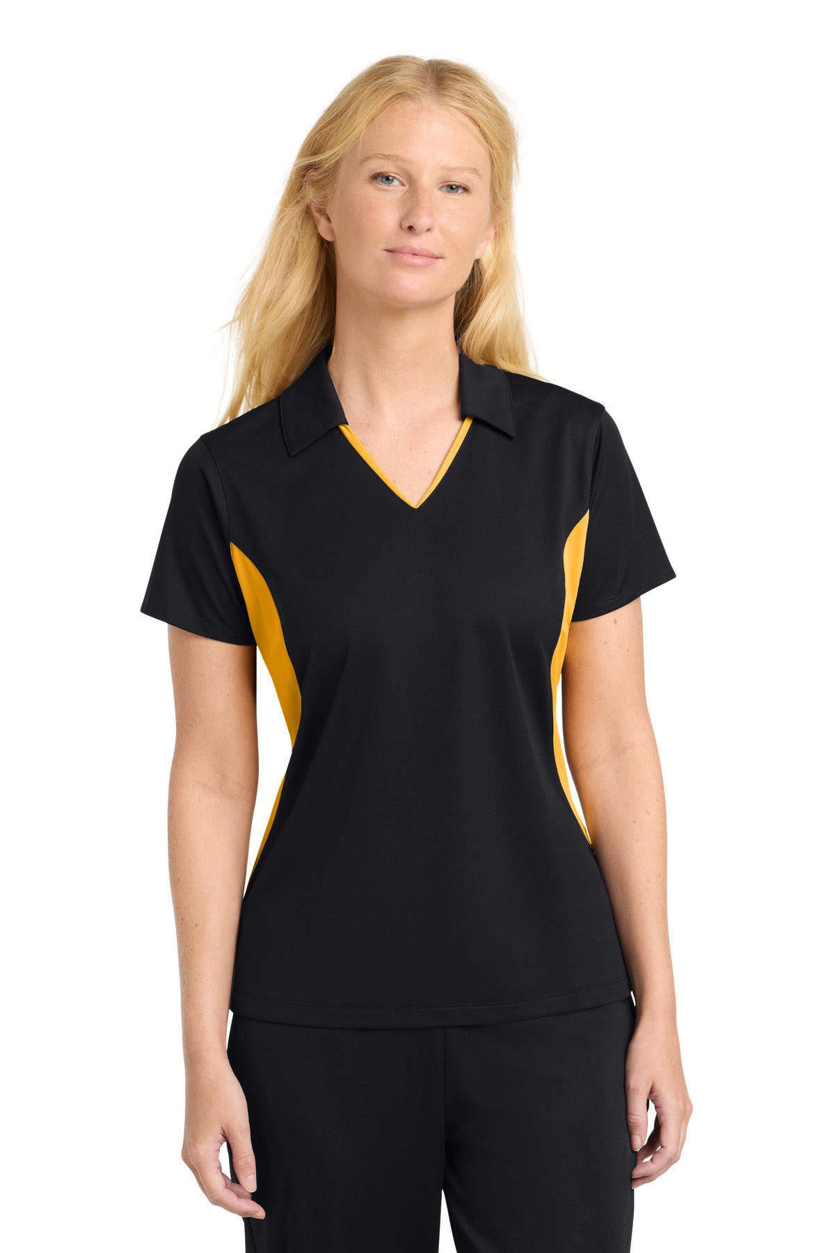 Sport-Tek Women's Side Blocked Micropique Sport-Wick Polo. LST655 in Black/ Gold