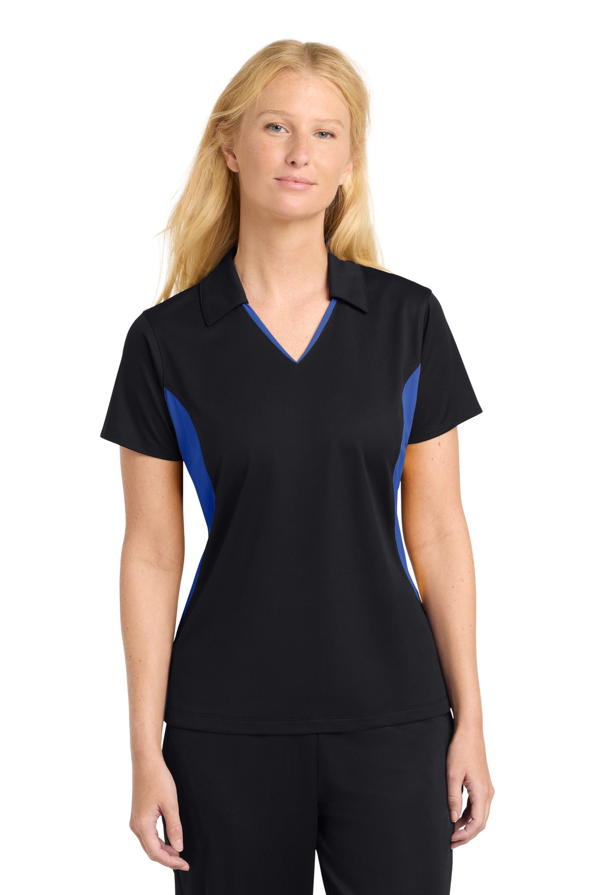 Sport-Tek Women's Side Blocked Micropique Sport-Wick Polo. LST655 in Black/ True Royal