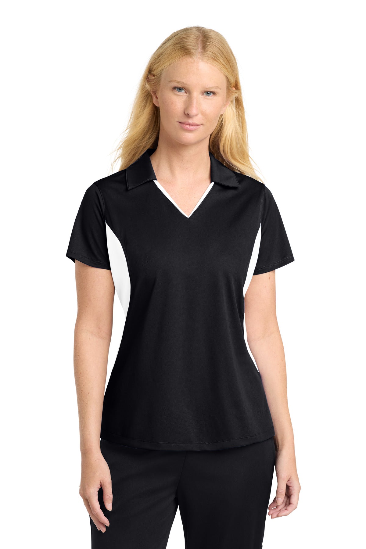 Sport-Tek Women's Side Blocked Micropique Sport-Wick Polo. LST655 in Black/ White