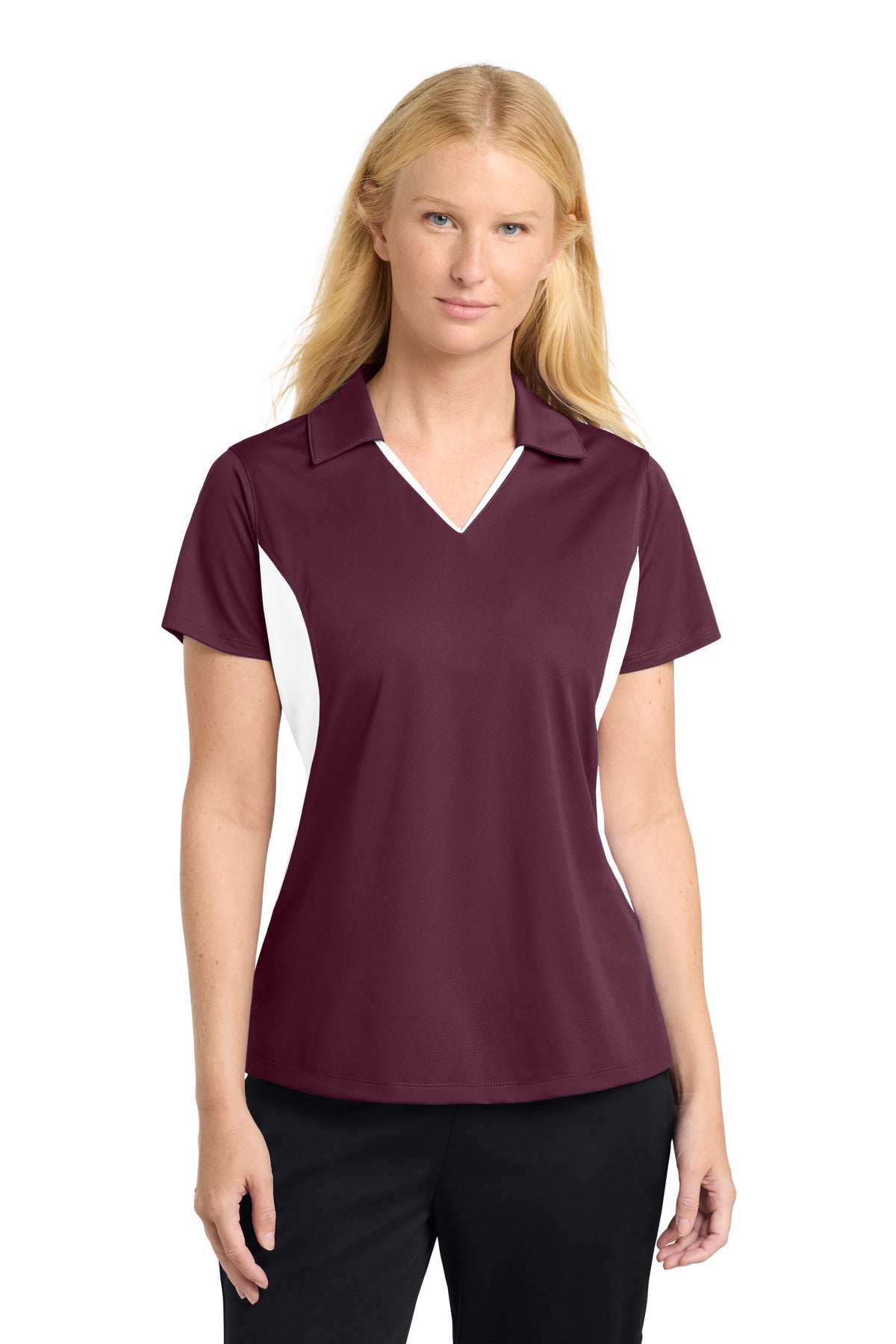 Sport-Tek Women's Side Blocked Micropique Sport-Wick Polo. LST655 in Maroon/ White