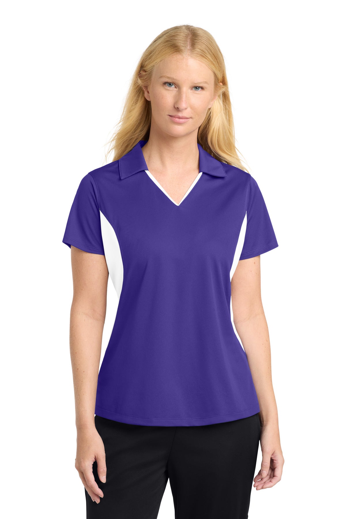 Sport-Tek Women's Side Blocked Micropique Sport-Wick Polo. LST655 in Purple/ White