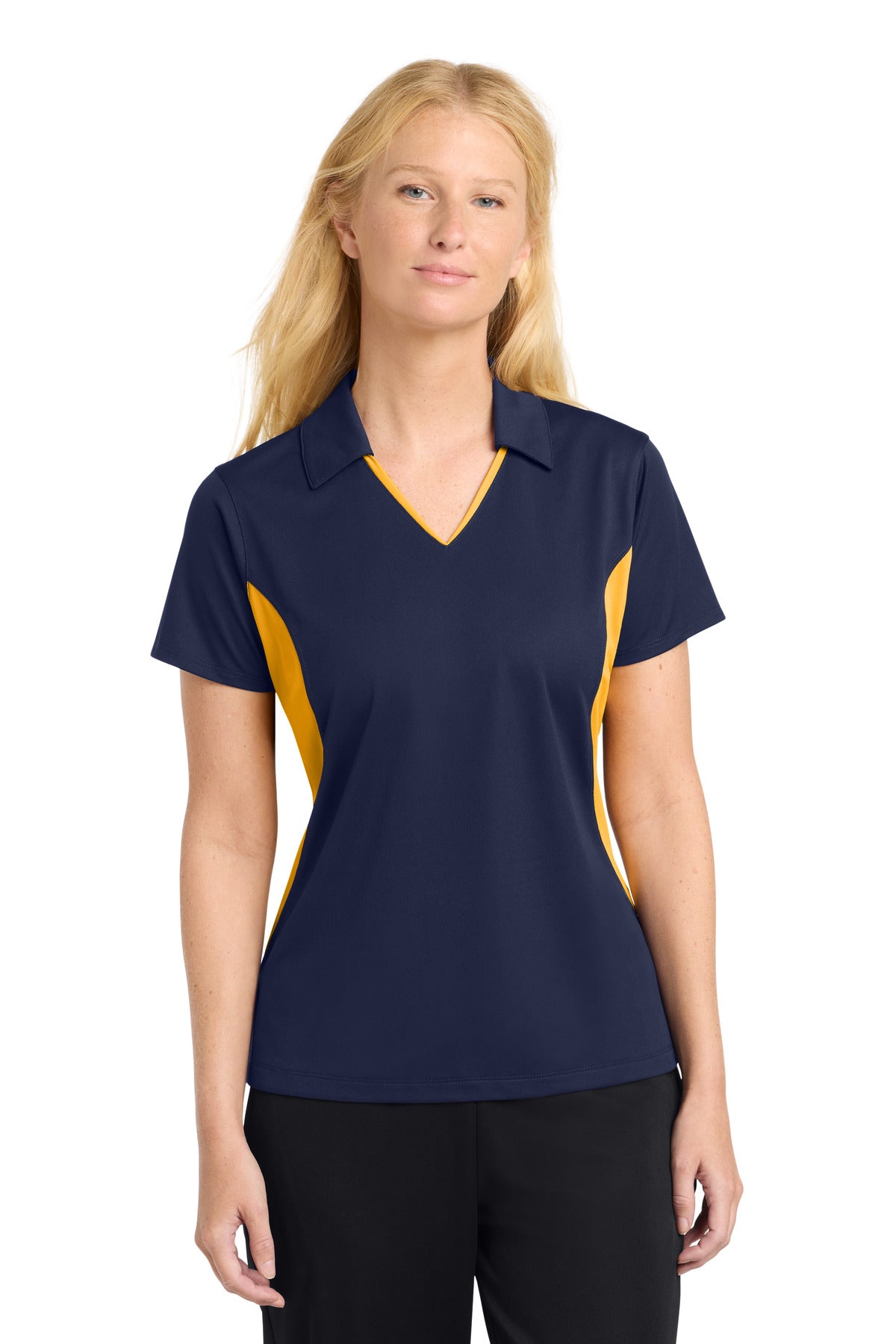 Sport-Tek Women's Side Blocked Micropique Sport-Wick Polo. LST655 in True Navy/ Gold
