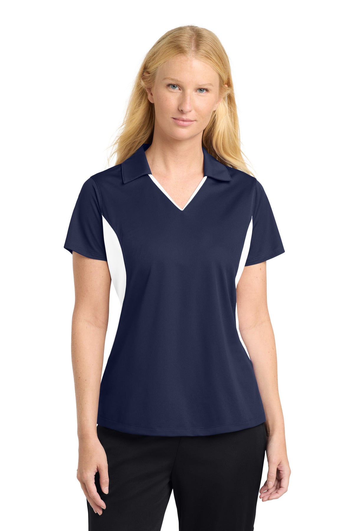 Sport-Tek Women's Side Blocked Micropique Sport-Wick Polo. LST655 in True Navy/ White