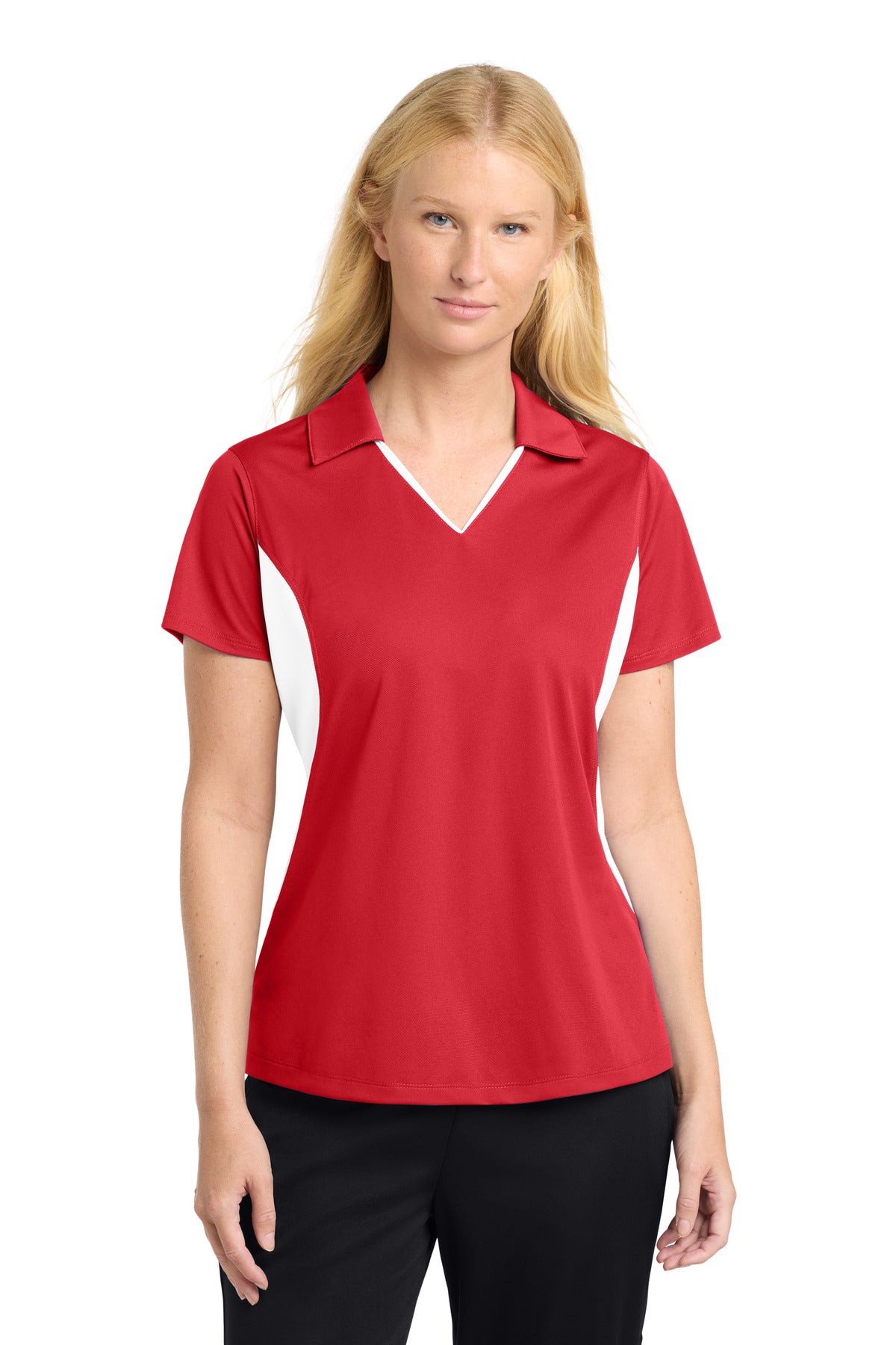 Sport-Tek Women's Side Blocked Micropique Sport-Wick Polo. LST655 in True Red/ White