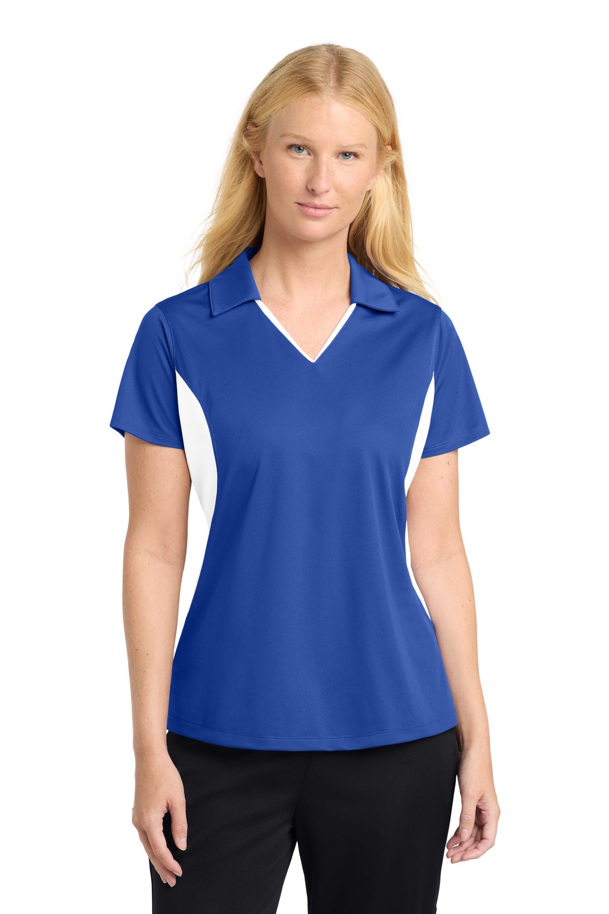 Sport-Tek Women's Side Blocked Micropique Sport-Wick Polo. LST655 in True Royal/ White
