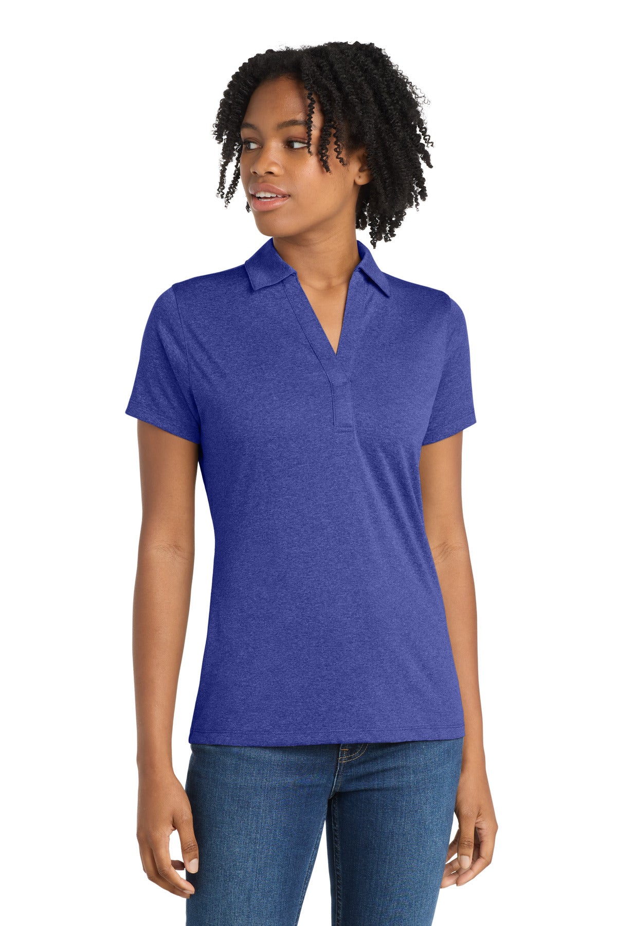Sport-Tek Women's Heather Contender Polo. LST660 in Cobalt Heather