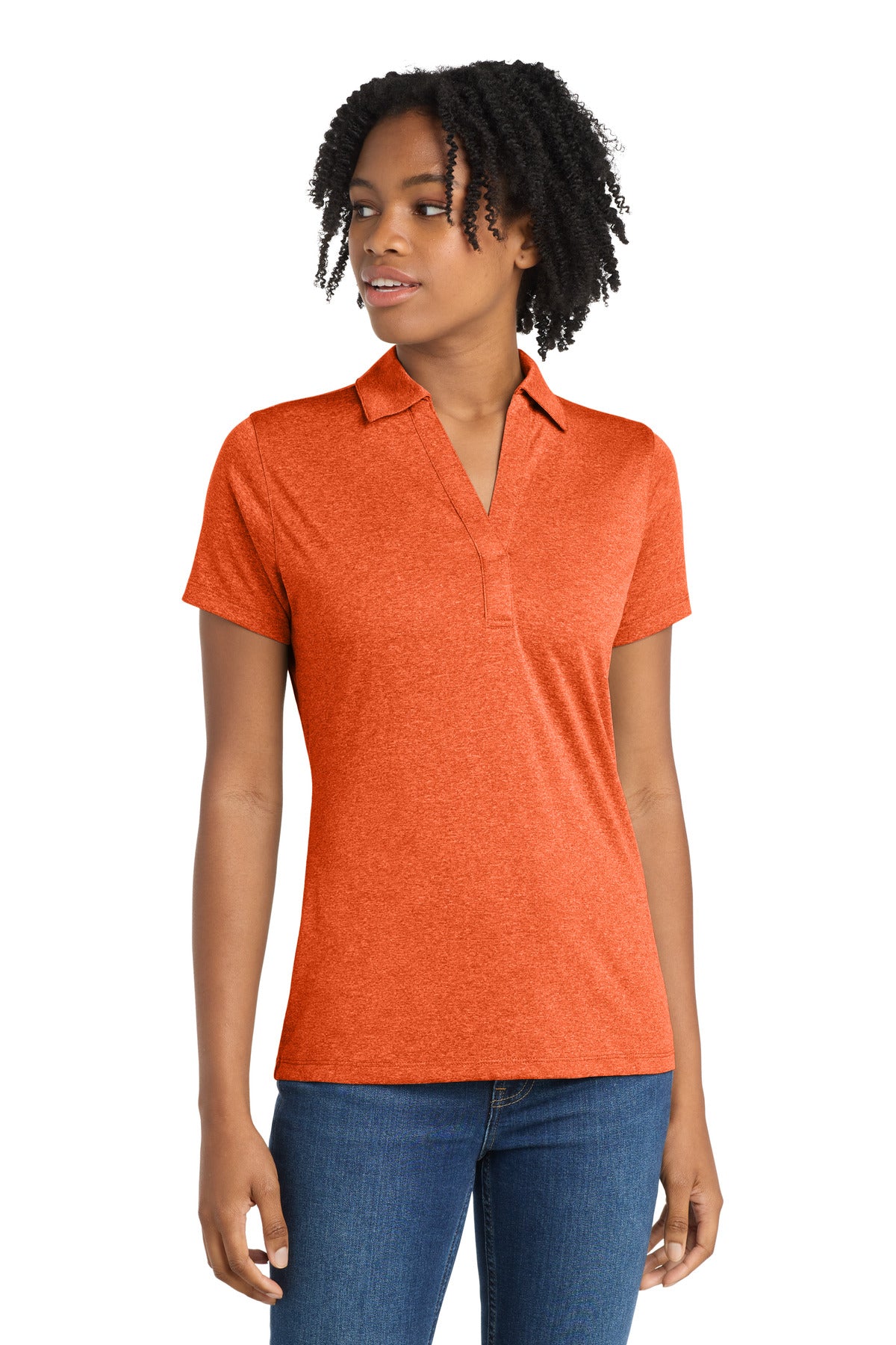 Sport-Tek Women's Heather Contender Polo. LST660 in Deep Orange Heather