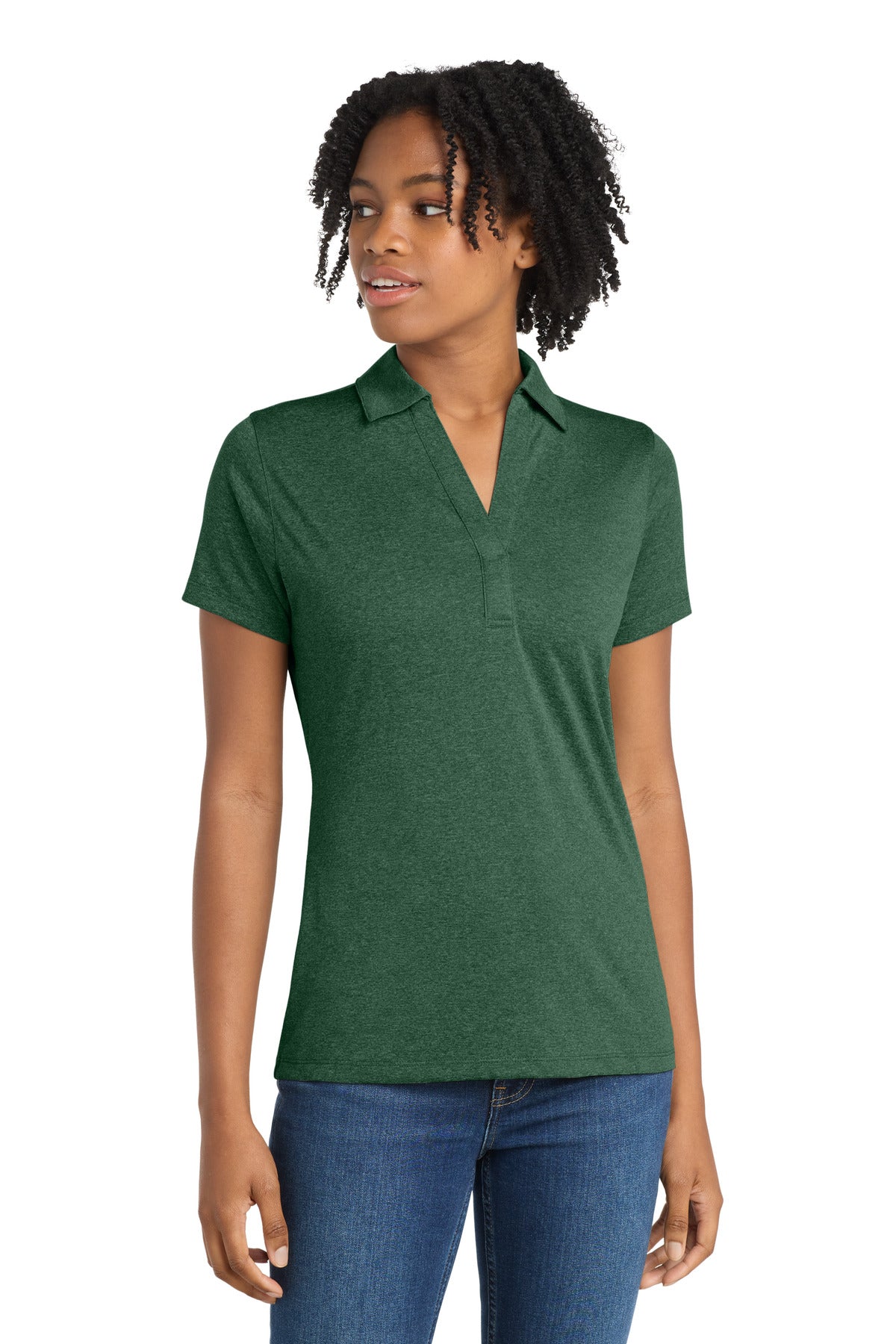 Sport-Tek Women's Heather Contender Polo. LST660 in Forest Green Heather