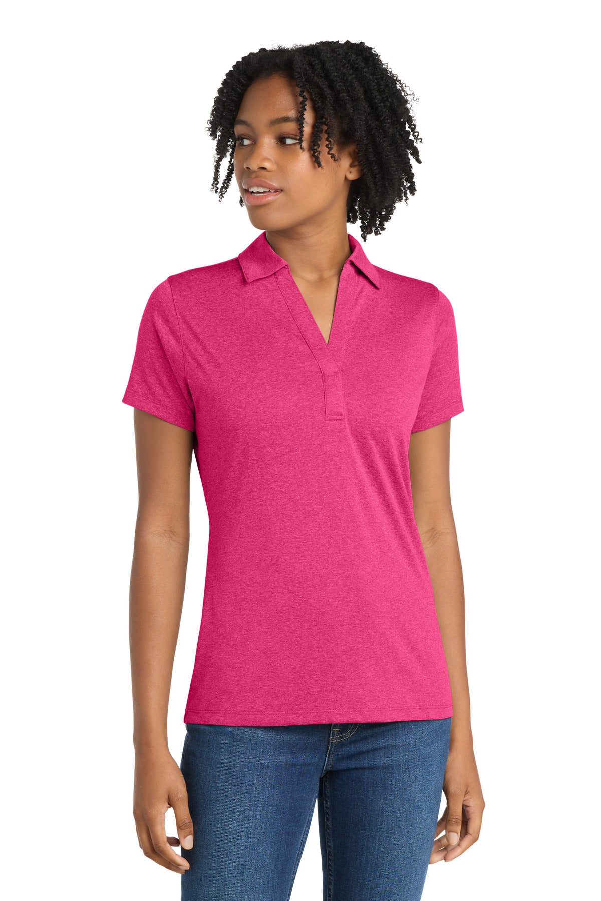 Sport-Tek Women's Heather Contender Polo. LST660 in Pink Raspberry Heather