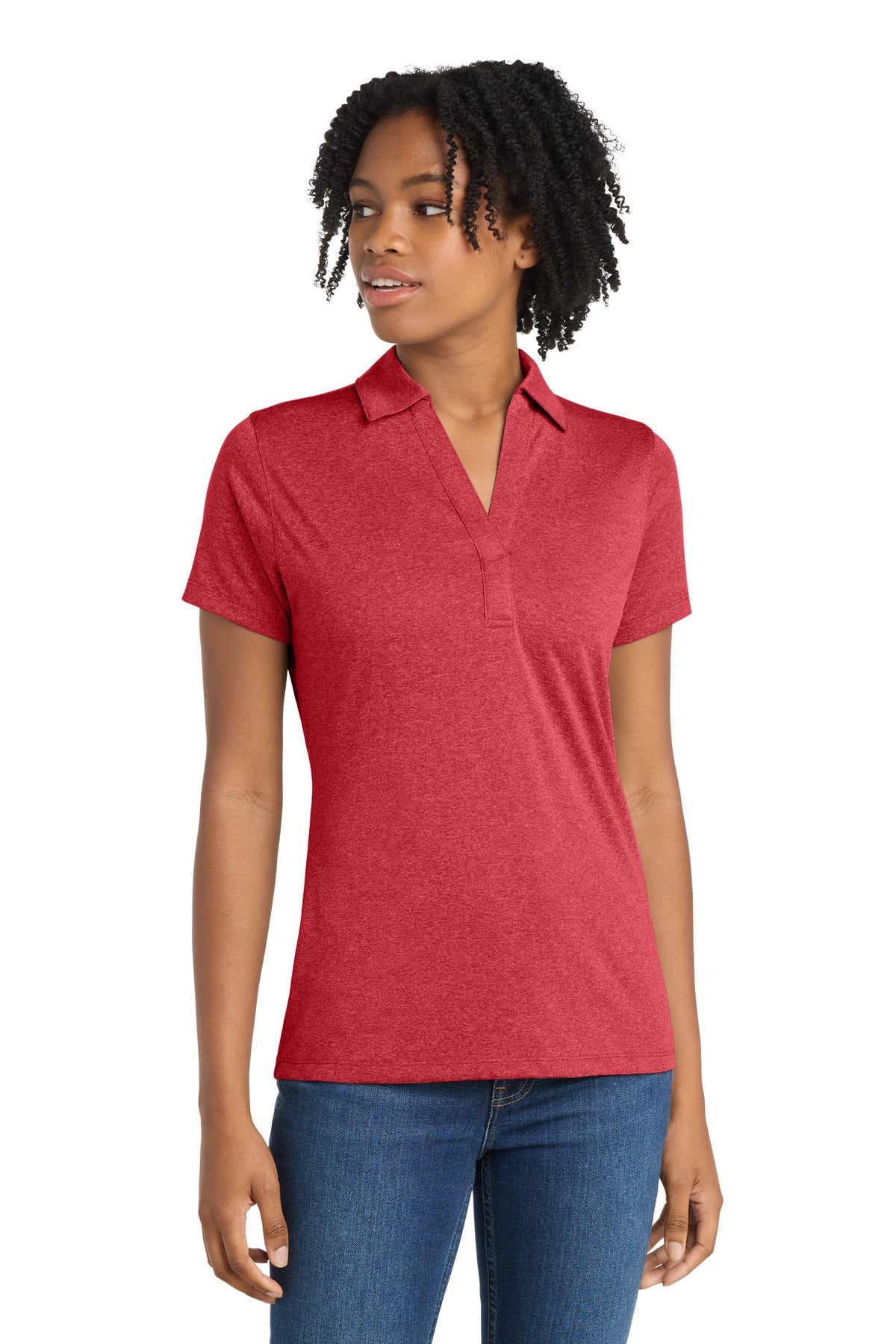 Sport-Tek Women's Heather Contender Polo. LST660 in Scarlet Heather