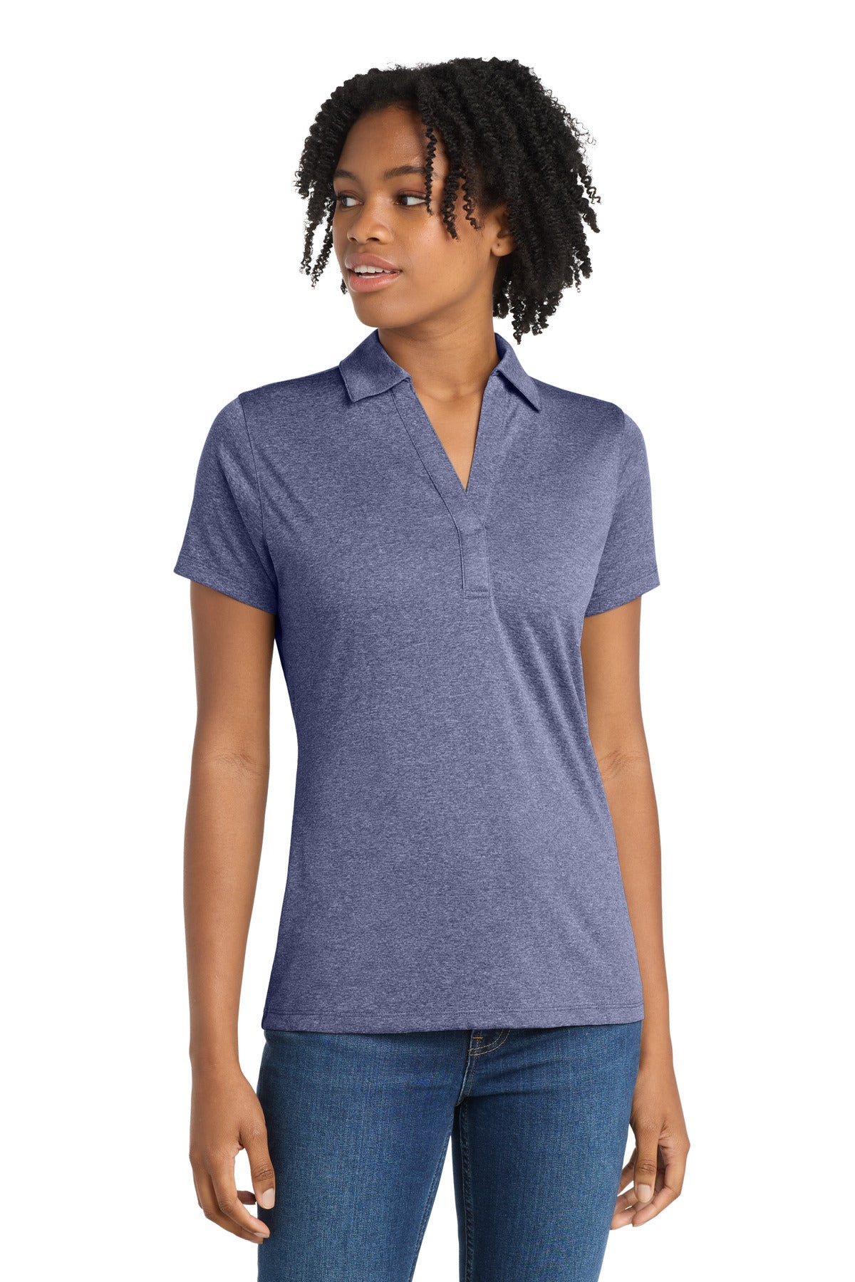 Sport-Tek Women's Heather Contender Polo. LST660 in True Navy Heather