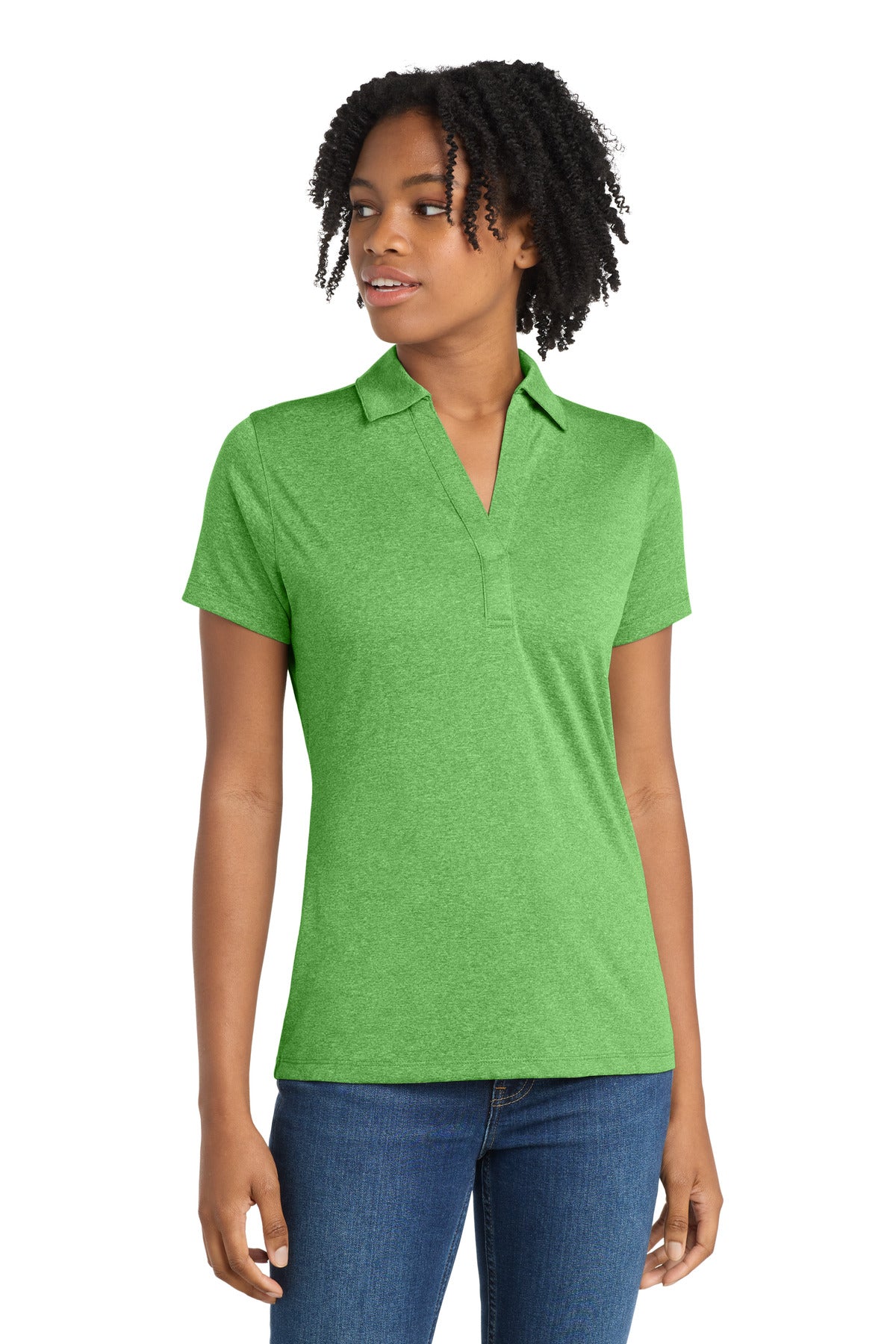 Sport-Tek Women's Heather Contender Polo. LST660 in Turf Green Heather