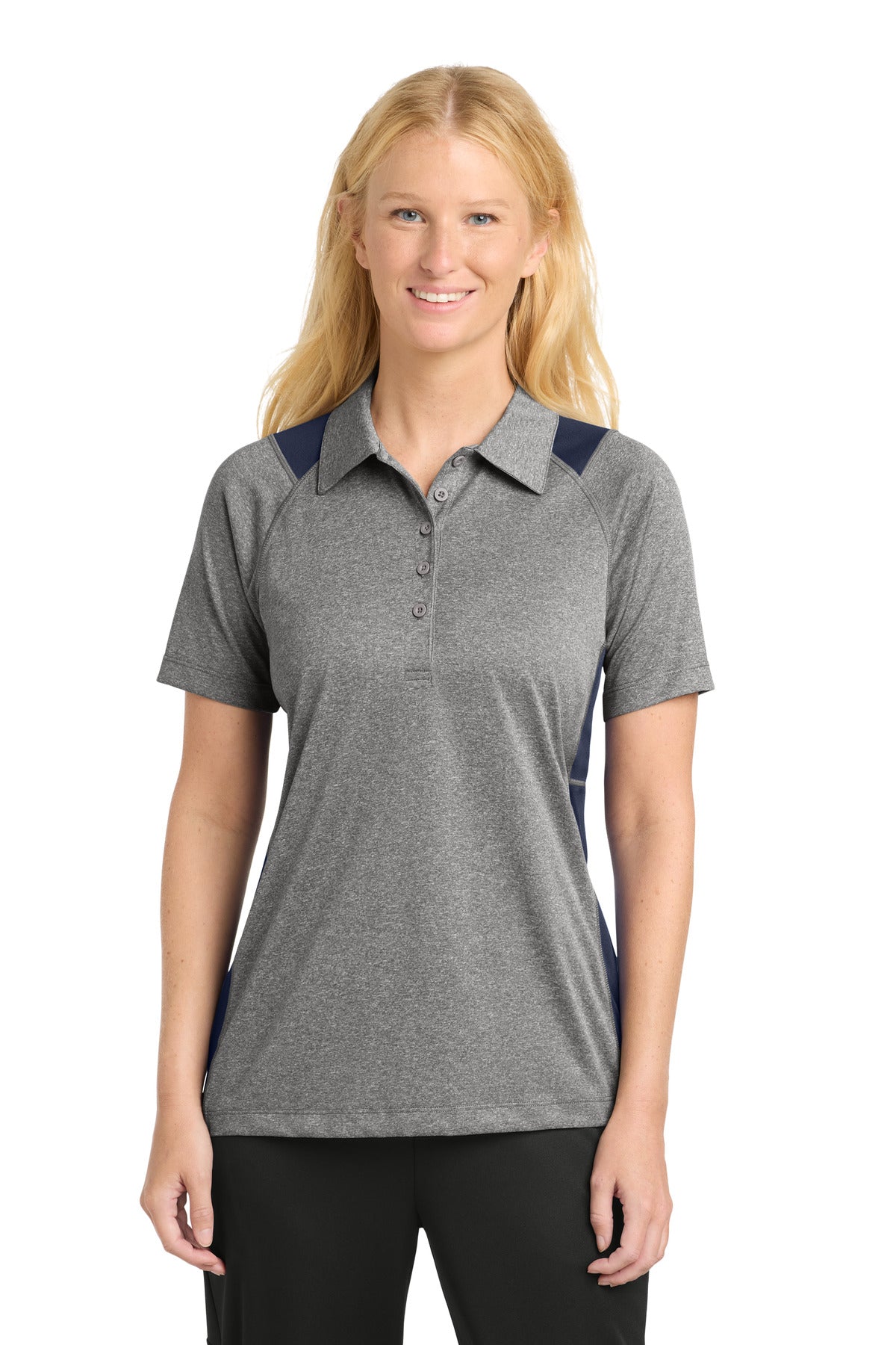 Sport-Tek Women's Heather Colorblock Contender Polo. LST665 in Vintage Heather/ True Navy
