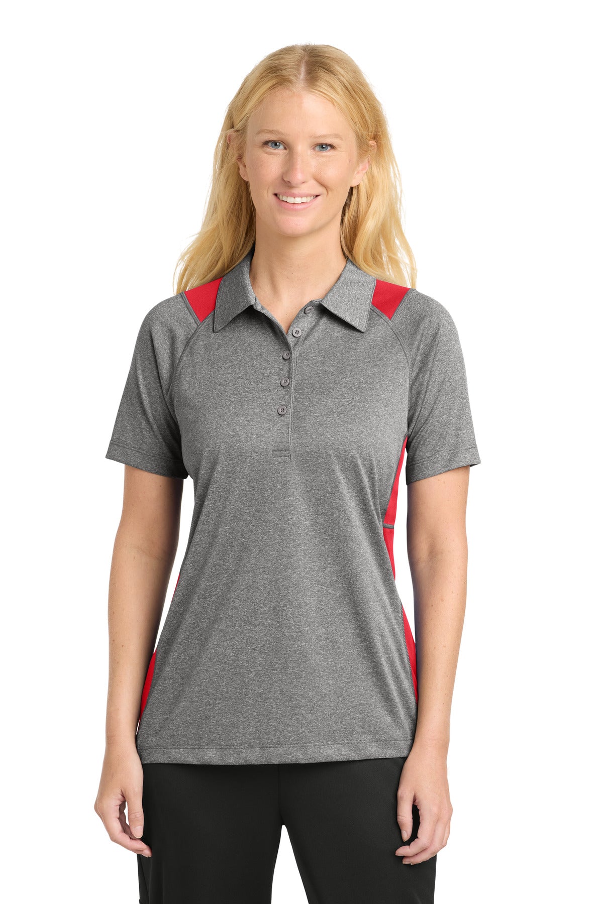 Sport-Tek Women's Heather Colorblock Contender Polo. LST665 in Vintage Heather/ True Red