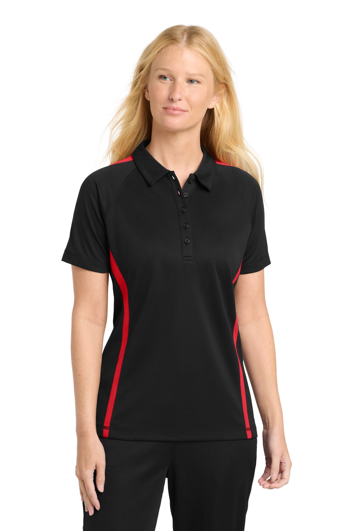 Sport-Tek Women's PosiCharge Micro-Mesh Colorblock Polo. LST685 in Black/ Red