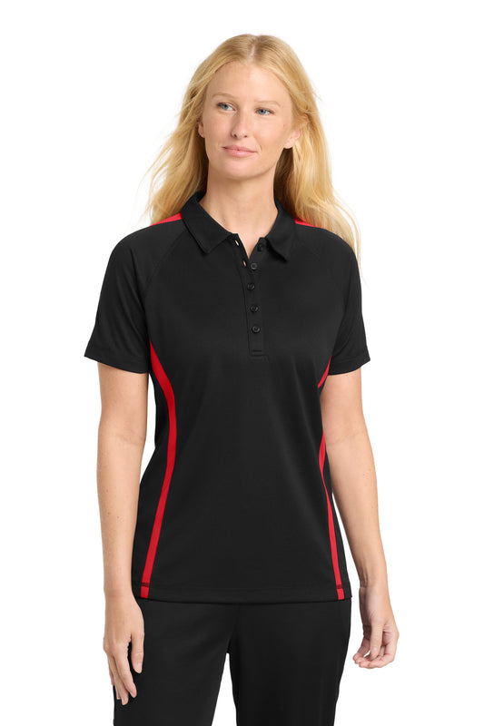 Sport-Tek Women's PosiCharge Micro-Mesh Colorblock Polo. LST685 in Black/ Red