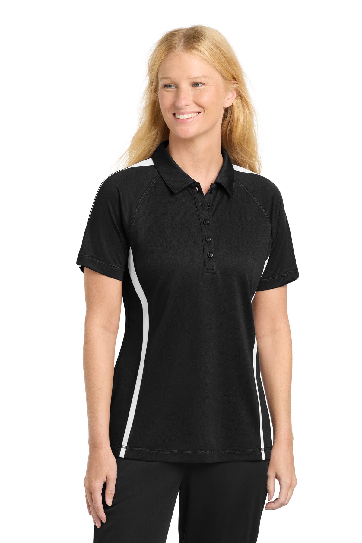 Sport-Tek Women's PosiCharge Micro-Mesh Colorblock Polo. LST685 in Black/ White