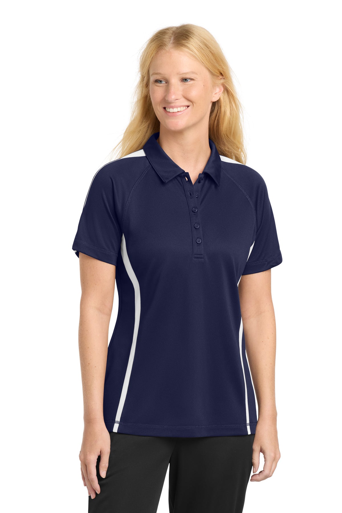 Sport-Tek Women's PosiCharge Micro-Mesh Colorblock Polo. LST685 in True Navy/ White