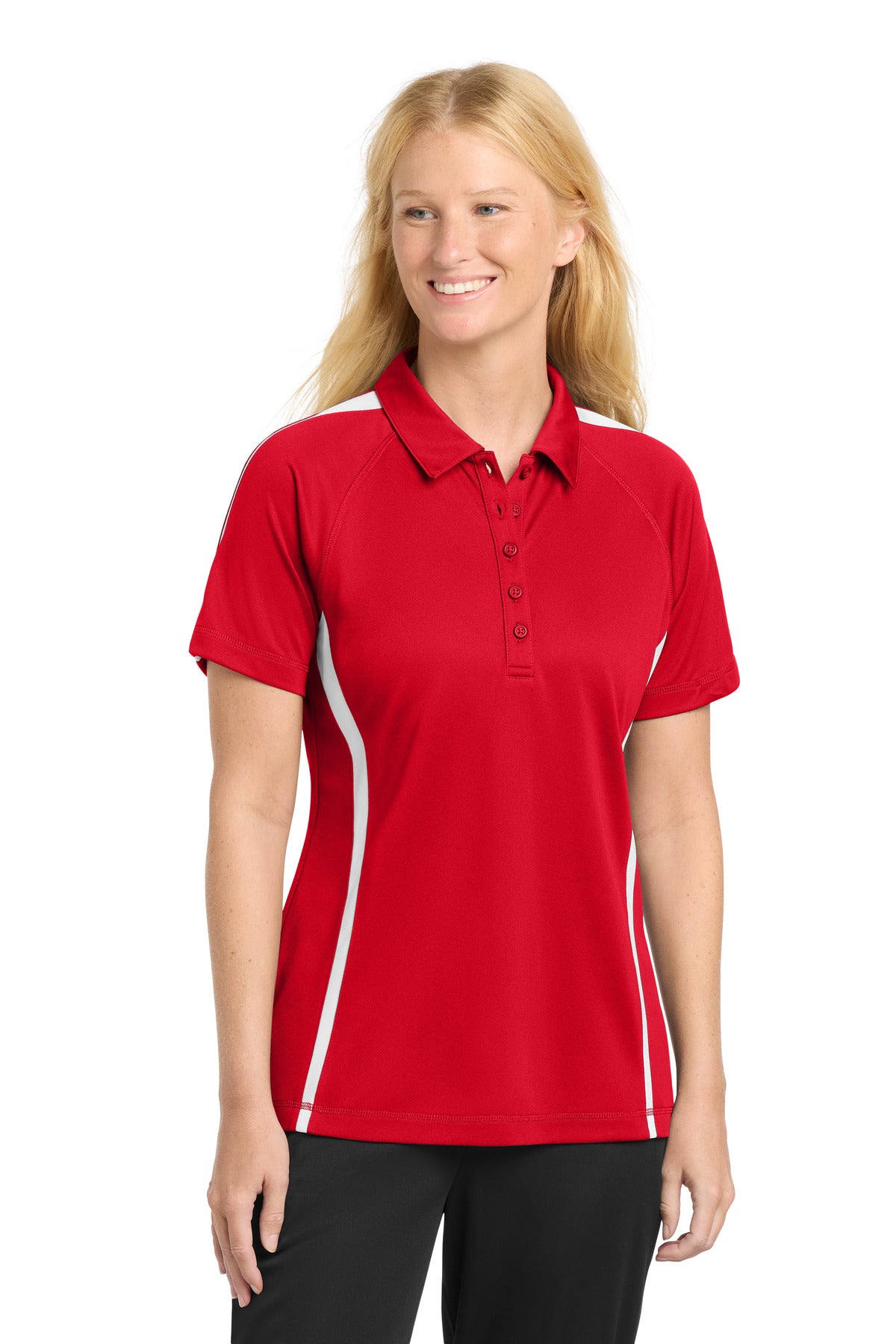 Sport-Tek Women's PosiCharge Micro-Mesh Colorblock Polo. LST685 in True Red/ White