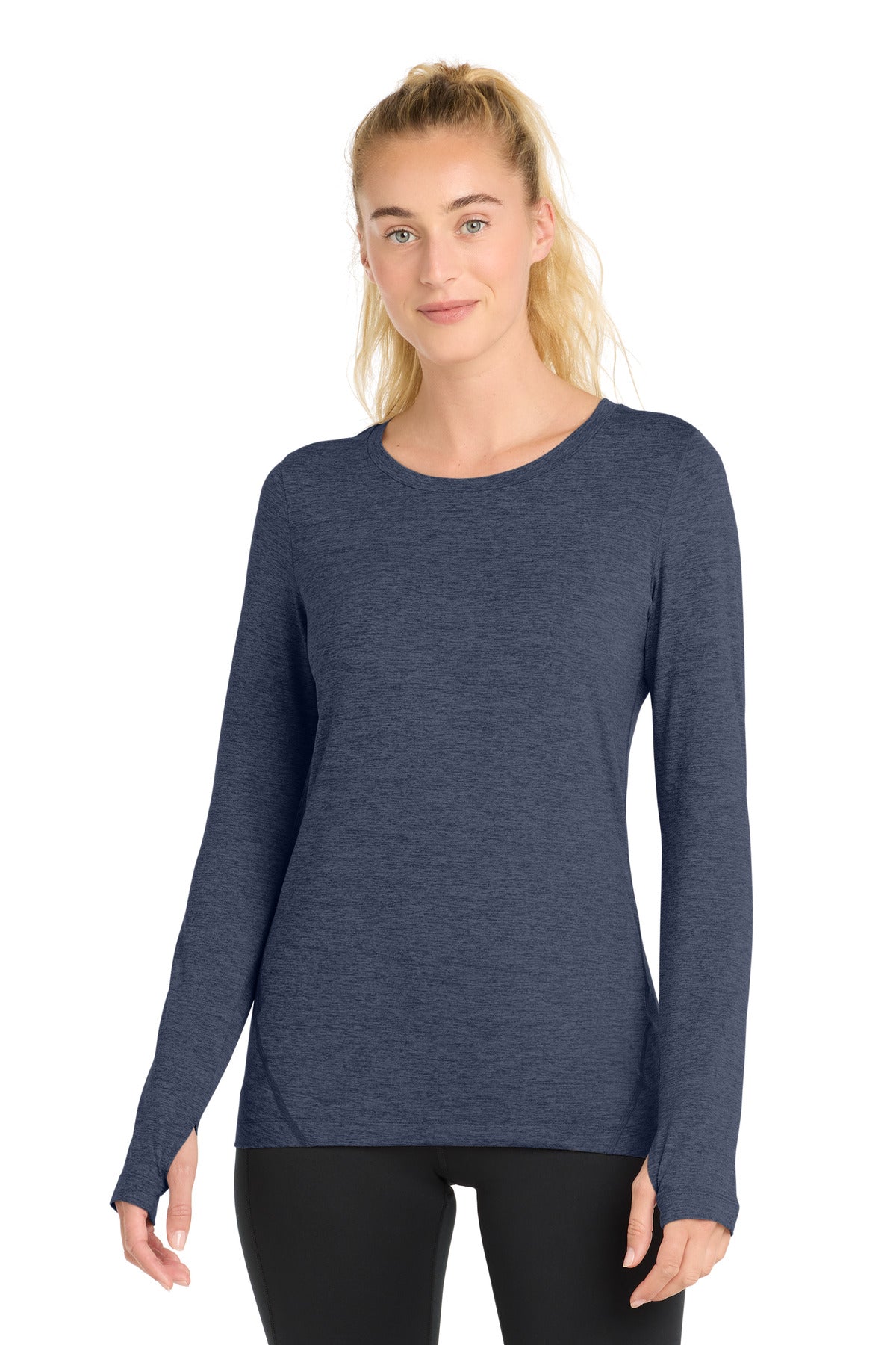 Sport-Tek  Women's Exchange 1.5 Long Sleeve Crew. LST710 in Dark Denim Heather