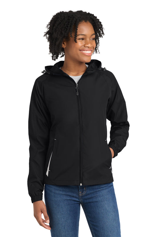 Sport-Tek Women's Colorblock Hooded Raglan Jacket. LST76 in Black/ White