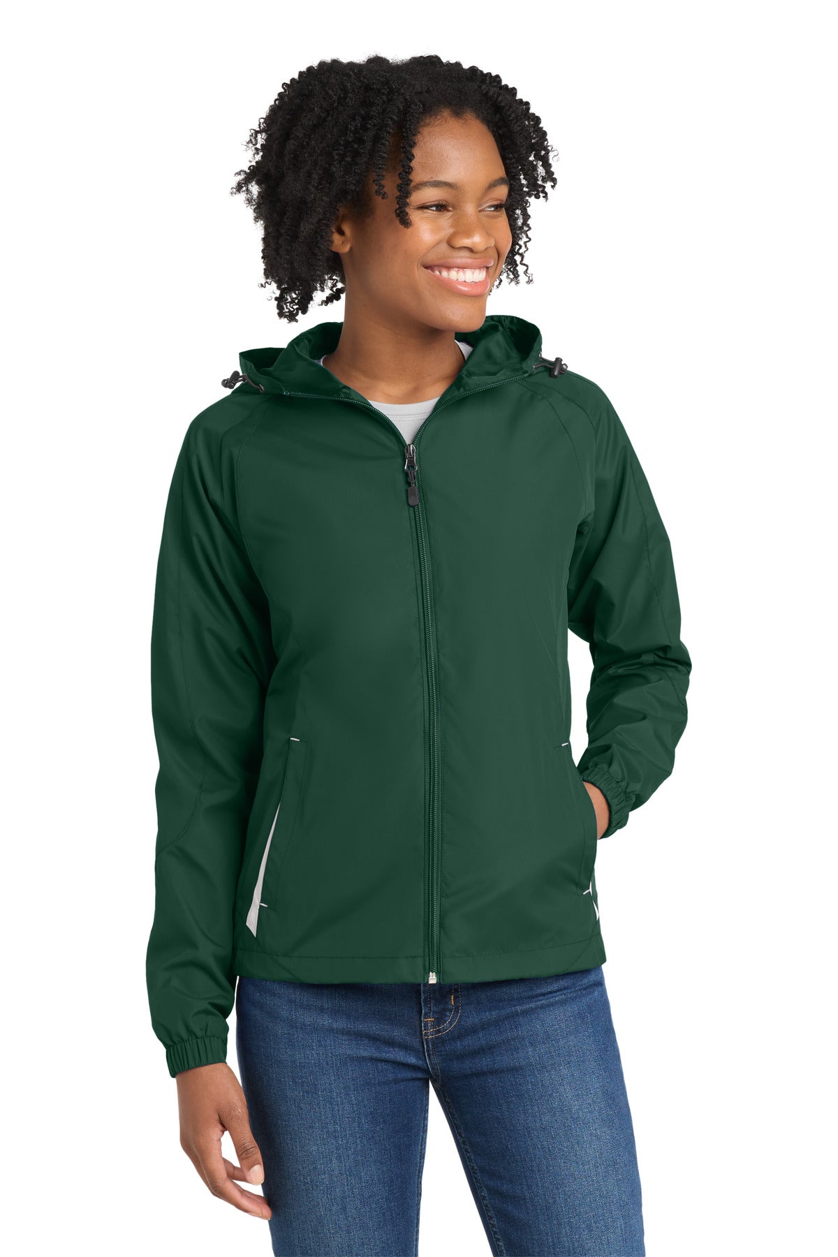 Sport-Tek Women's Colorblock Hooded Raglan Jacket. LST76 in Forest Green/ White