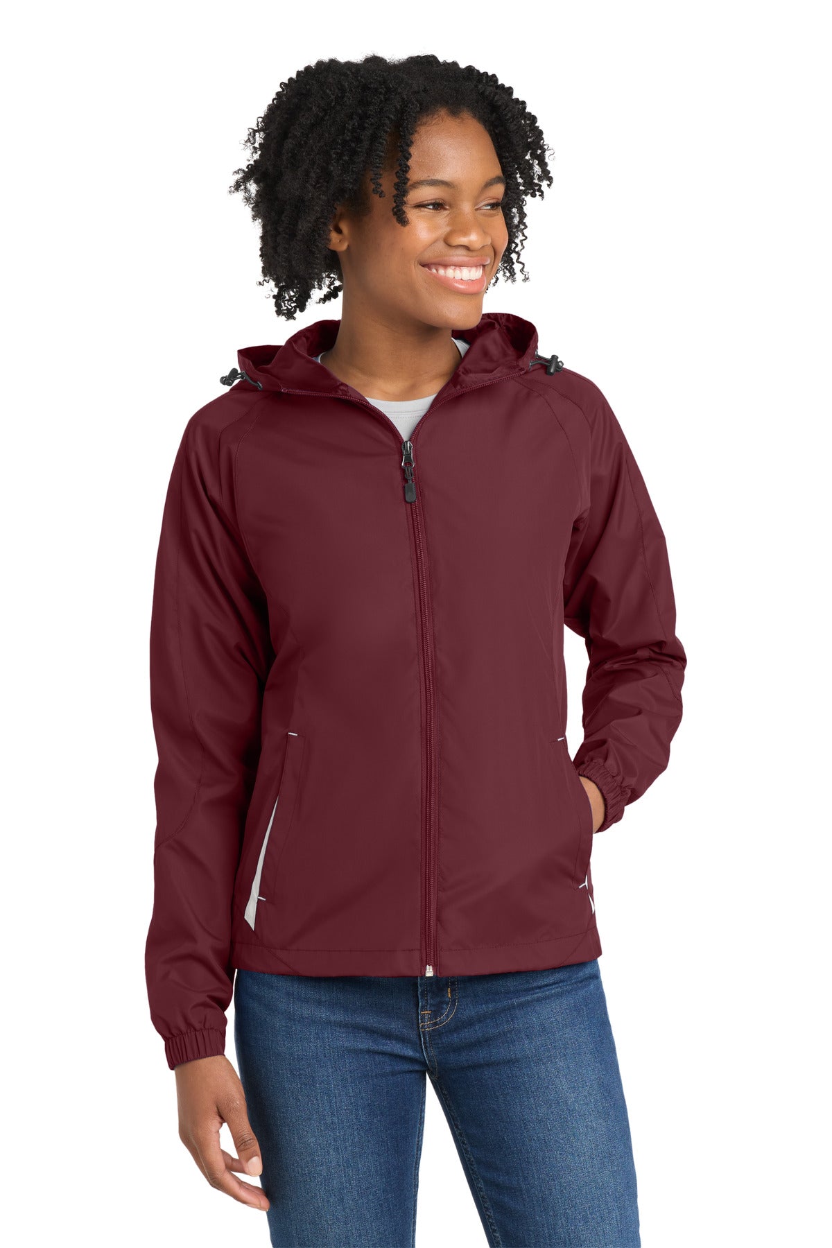 Sport-Tek Women's Colorblock Hooded Raglan Jacket. LST76 in Maroon/ White