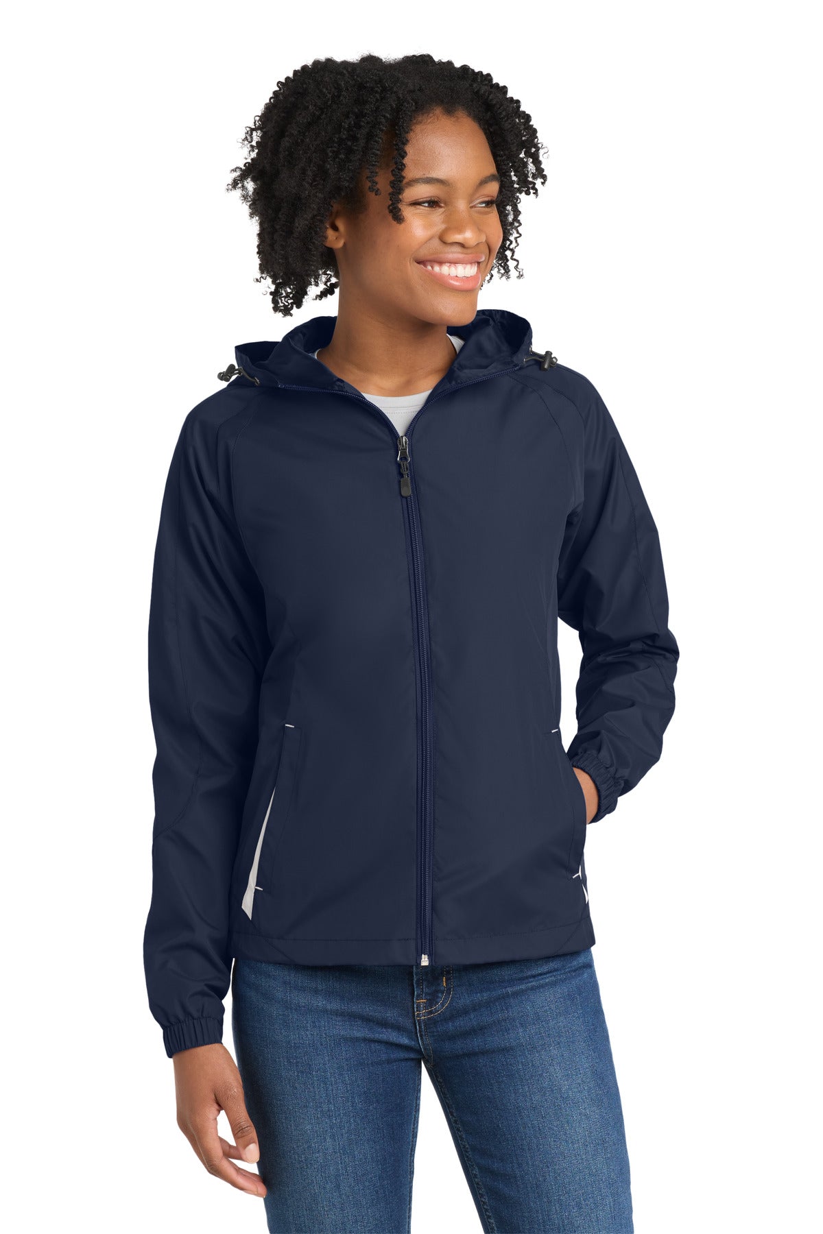 Sport-Tek Women's Colorblock Hooded Raglan Jacket. LST76 in True Navy/ White