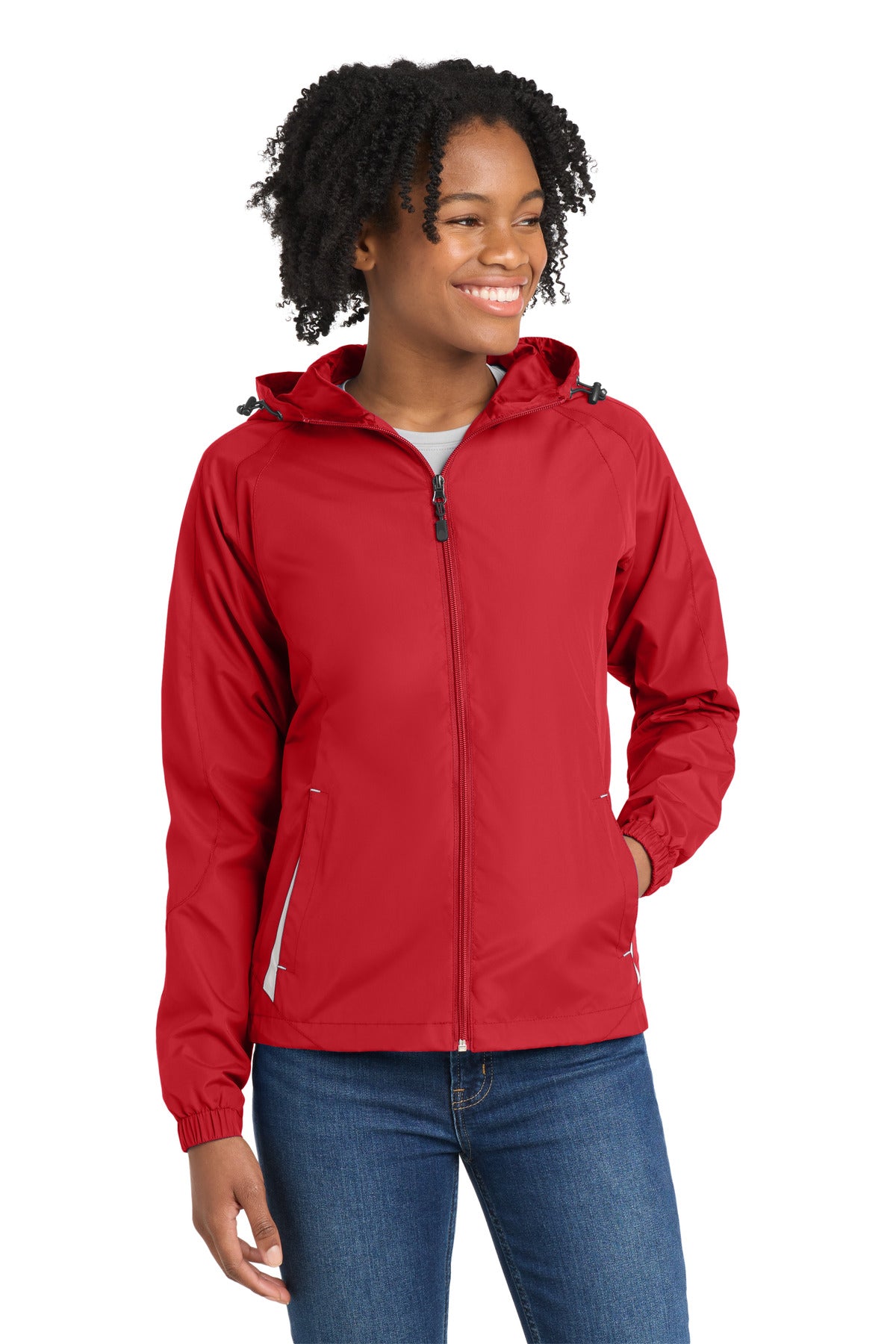 Sport-Tek Women's Colorblock Hooded Raglan Jacket. LST76 in True Red/ White