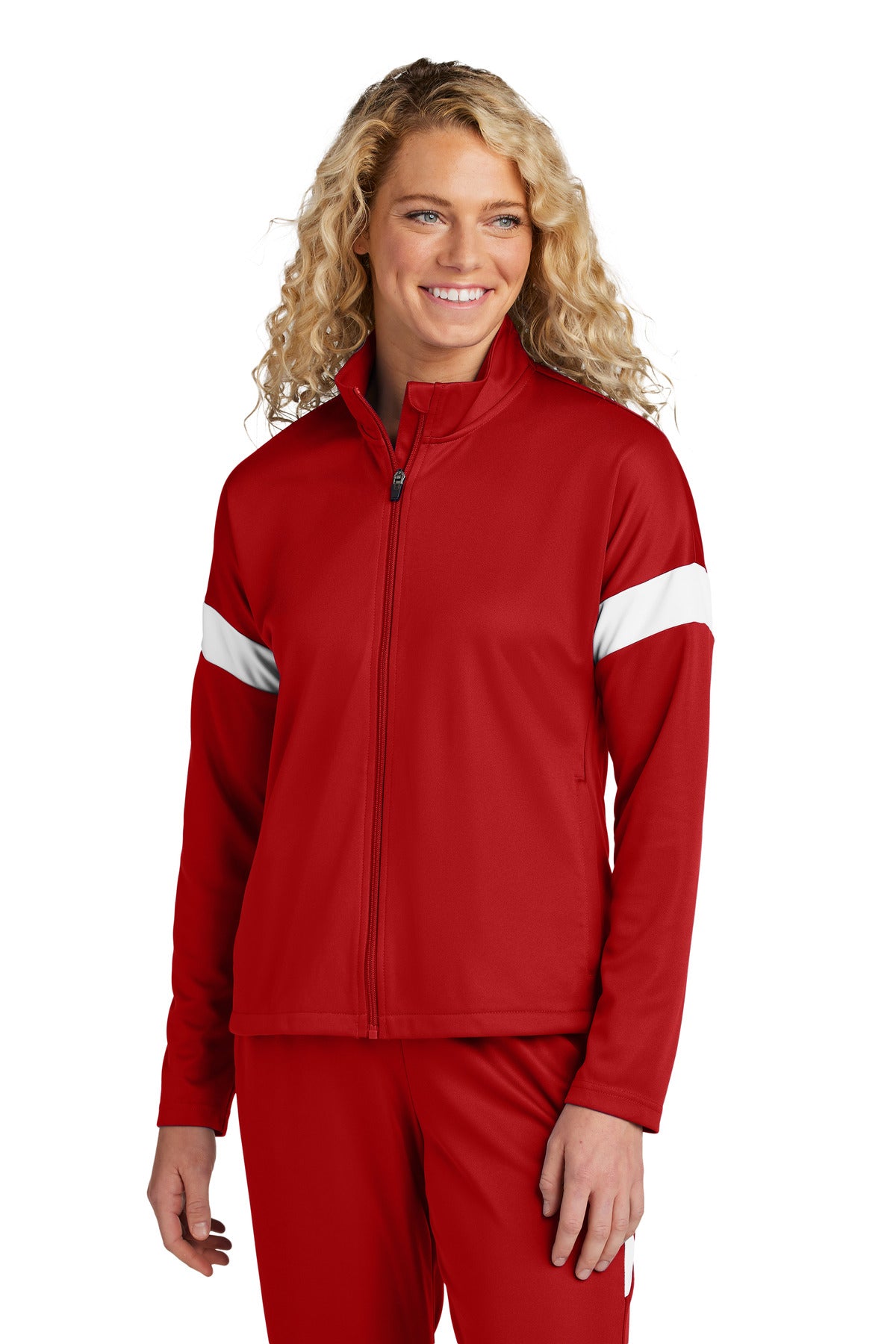 Sport-Tek Women's Travel Full-Zip Jacket LST800 in Deep Red/ White