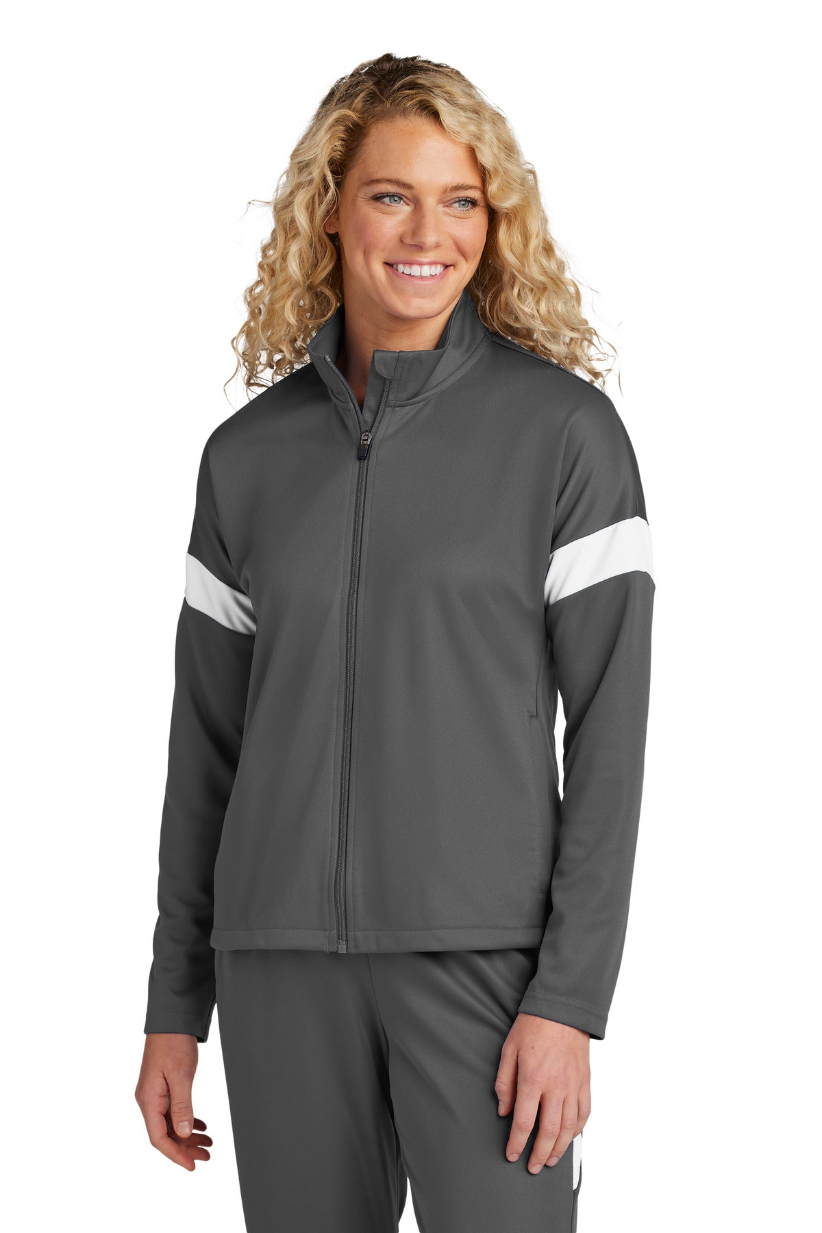 Sport-Tek Women's Travel Full-Zip Jacket LST800 in Iron Grey/ White