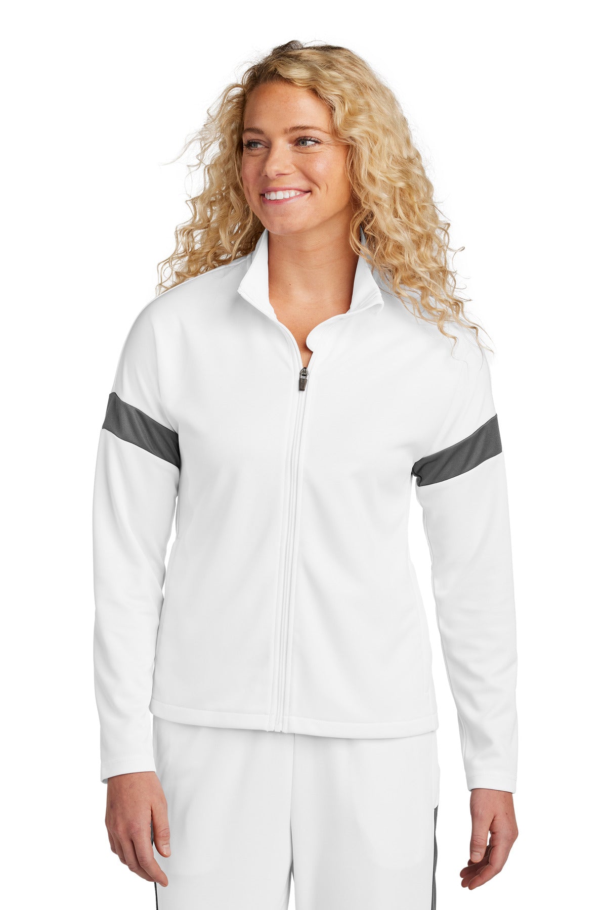 Sport-Tek Women's Travel Full-Zip Jacket LST800 in White/ Iron Grey