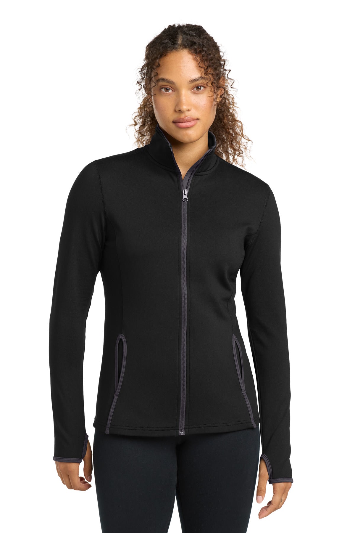 Sport-Tek Women's Sport-Wick Stretch Contrast Full-Zip Jacket.  LST853 in Black/ Charcoal Grey